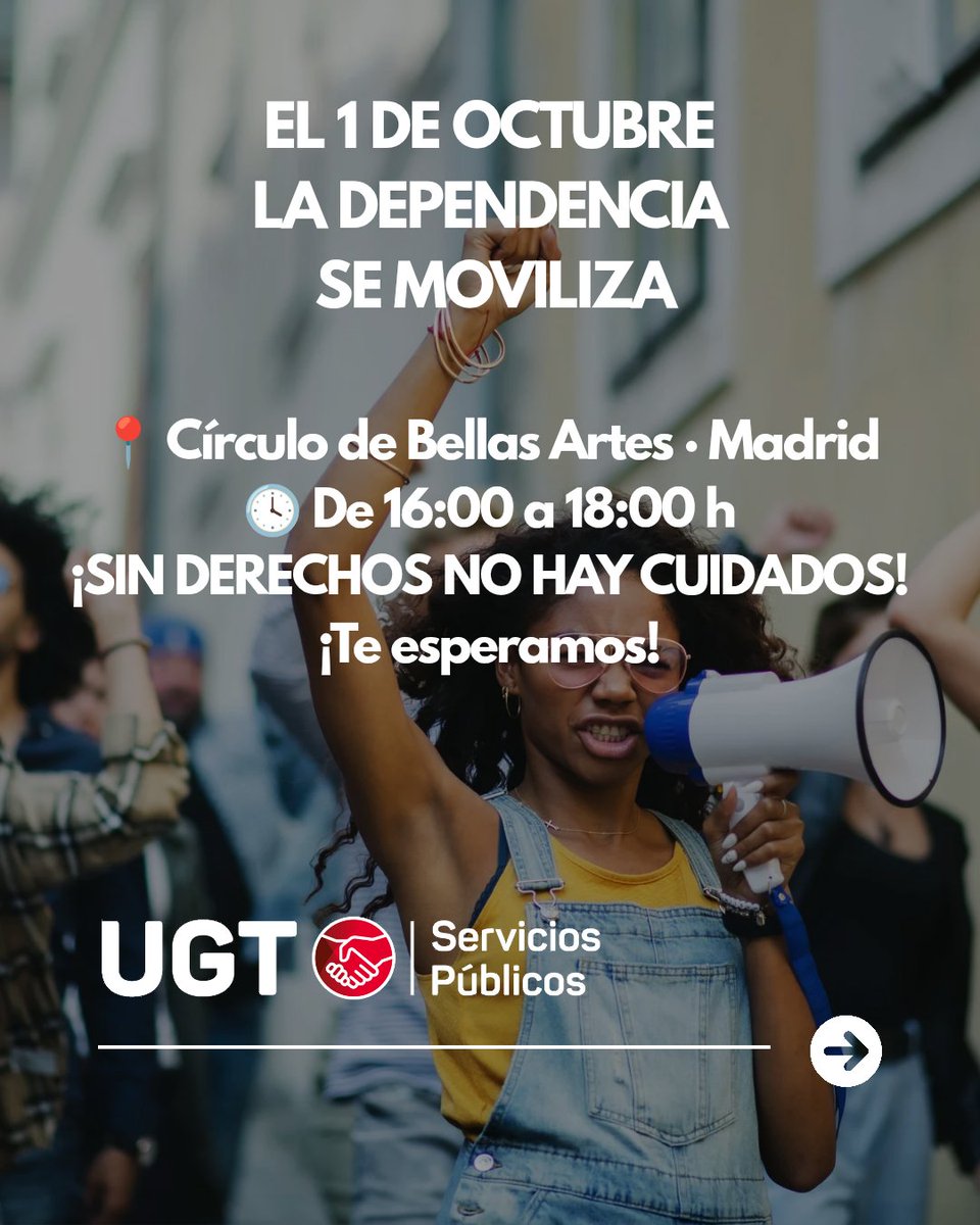 UGT_SP's tweet photo. Cuidar no puede significar trabajar en precario. Quienes sostienen el sistema de dependencia merecen derechos, reconocimiento y condiciones laborales dignas.

El 1 de octubre salimos a la calle. Diez razones para movilizarnos y una exigencia común: dignificar los cuidados y a quienes los hacen posibles.