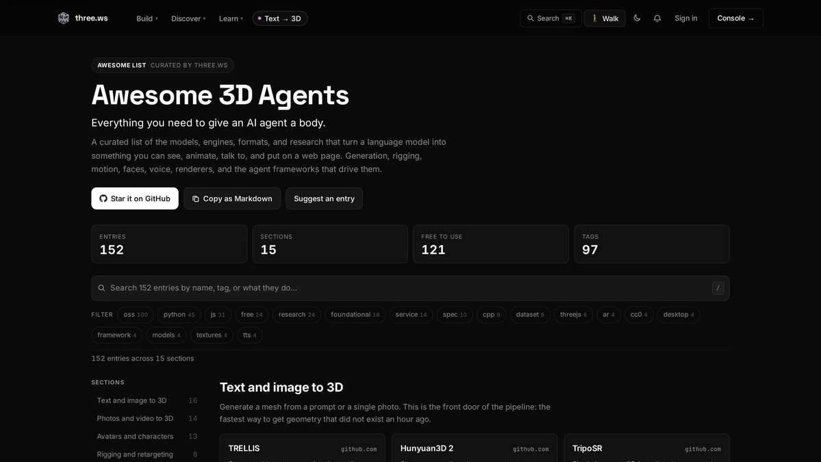 trythreews's tweet photo. Giving an agent a body means stitching a dozen fields together. Awesome 3D Agents is the map: 152 entries across 15 sections, 121 of them free to use. https://t.co/eUBJIQ4CiI https://t.co/KIzuLTul78
