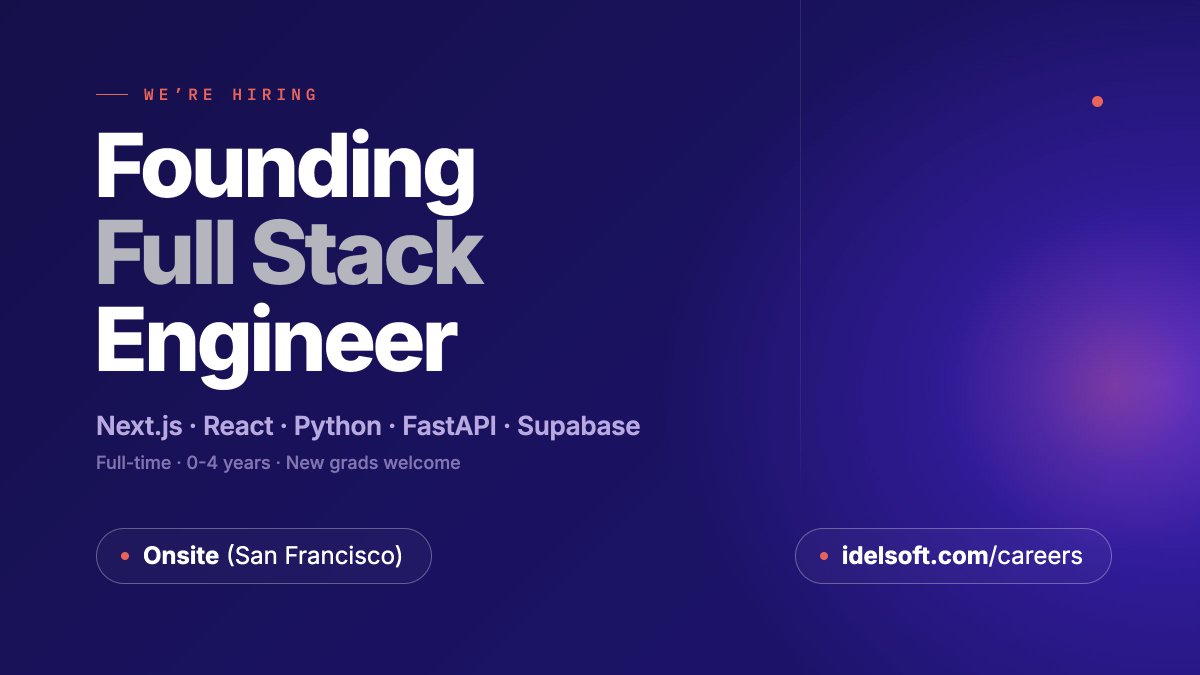 idelsoft's tweet photo. We're hiring a Founding Full Stack Engineer 🚀

Seed-stage AI startup. Work with the founders and ship every week.

🛠️ Next.js, React, Python, FastAPI &amp; Supabase
📍 Onsite in San Francisco
🎓 0-4 years, new grads welcome

👉 Apply: https://t.co/4Ni8whVS8j https://t.co/xaiSkLHxwT