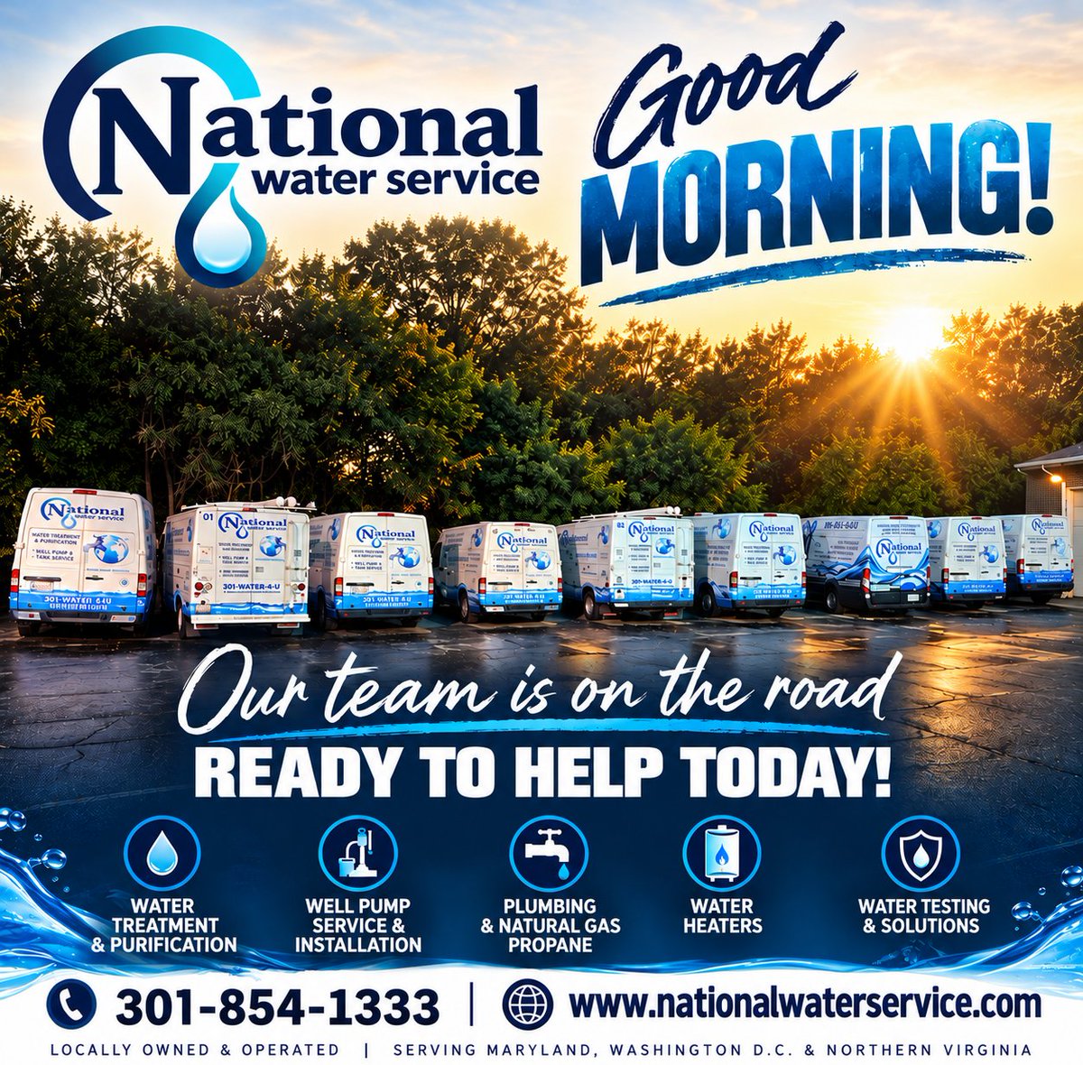 N_W_S_C's tweet photo. Good morning from National Water Service! 💧🚐
Just part of our fleet getting ready to hit the road across MD, DC & Northern VA. #Watertreatment, #wellpumps, #plumbing, water heaters & more, we’re ready to help!
📞 301-854-1333
🌐 https://t.co/vowFYMl7H4 https://t.co/K8rMqyIfSu