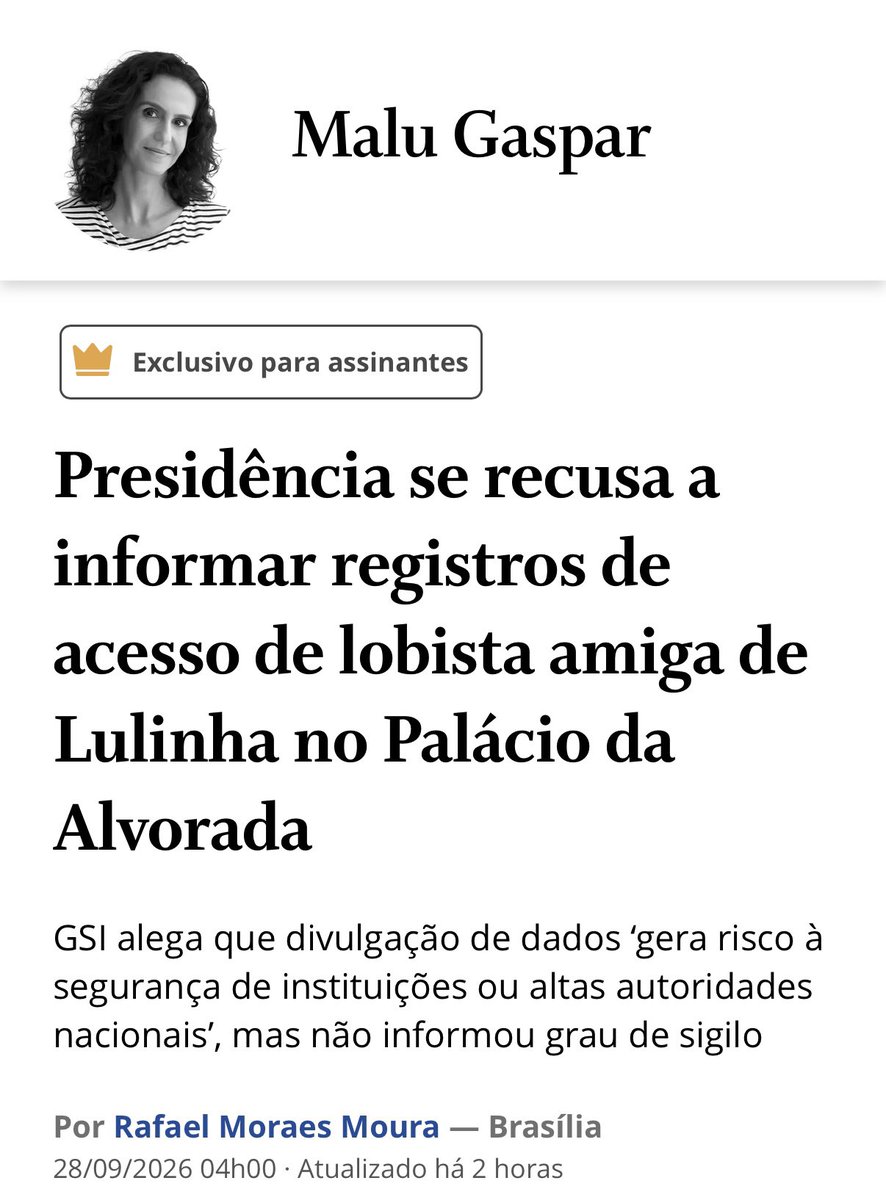 henriolliveira_'s tweet photo. 🚨MALU GASPAR:

"PRESIDÊNCIA SE RECUSA a informar registros de acesso de lobista amiga de LULINHA no Palácio da Alvorada"

UÉ, LULA?! Quem não deve não teme! Se você não conhece a lobista, é claro que não haverá registros dela NA SUA RESIDÊNCIA, né?!

Ou você mentiu?! https://t.co/kJiDZzOoNE