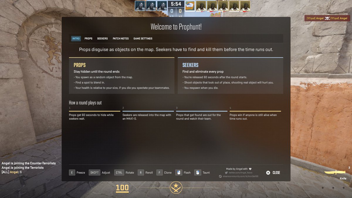 Angel_foxxo's tweet photo. Prophunt 2.0 is out for CS2! 🪑

- New third-person camera
- Slide, rotate and tip over your frozen prop
- Leave decoy clones to fool seekers
- Seekers pick where they drop in
- Missed shots cost seekers health

Dust2, Mirage, Inferno, Nuke &amp; Office all updated on the Workshop 👇 https://t.co/N6czO2CtDp