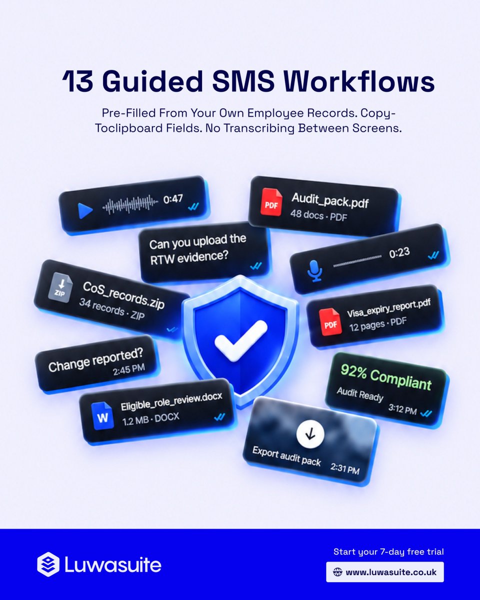 LuwasuiteUK's tweet photo. LuwaSuite's SMS Copilot gives you 13 guided workflowscovering the reporting actions sponsors do most

No more logging into the SMS at 11pm trying to rememberwhat changed.

 See It In Action

#SMSCopilot #ComplianceReporting #SponsorLicence #LuwaSuite
#Automation https://t.co/VHVidLIjur