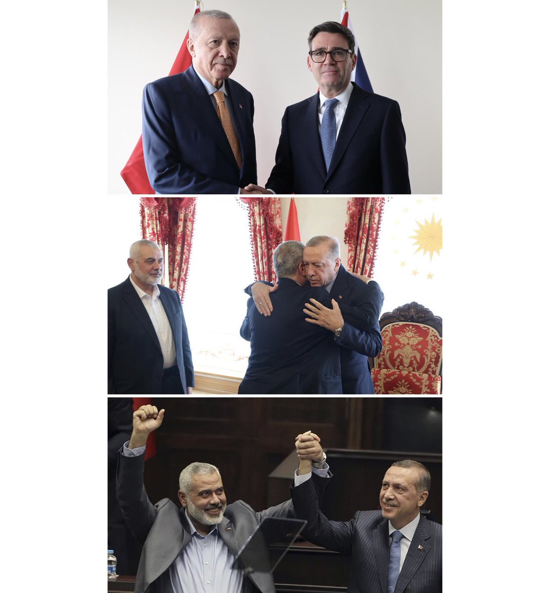 koshercockney's tweet photo. I want to be sick. 

Andy Burnham takes photo shaking hands with Erdogan and THANKS him for backing the UK against Israel

Here are photos of Erdogan supporting Hamas leaders. 

Is it any wonder the UK Government gave secret asylum and 100 years anonymity to a senior Hamas member who planned massacres of British Jews?

Erdogan has been slaughtering Kurds, teaming up with ISIS, illegally occupying Northern Cyprus and been harbouring Hamas terrorists for years - not only silence from Burnham on these atrocities .. he THANKED him for backing the UK against Israel.