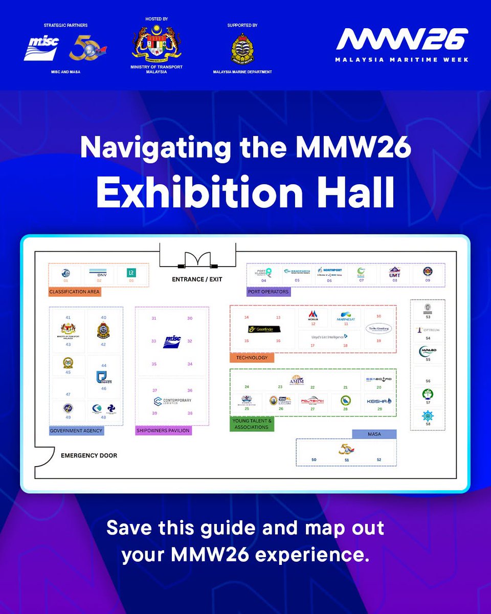 MOTMalaysia's tweet photo. Explore the MMW26 Exhibitor Directory to locate key participating organisations

MAIN CONFERENCE &amp; EXHIBITION
📷 28 Sept – 2 Oct 2026
📷 Kuala Lumpur Convention Centre

Follow us and visit website https://t.co/m4XvtPSxMt to keep updated on MMW26

#MalaysiaMaritimeWeek2026 #MMW26 https://t.co/VZKFZXCVL0