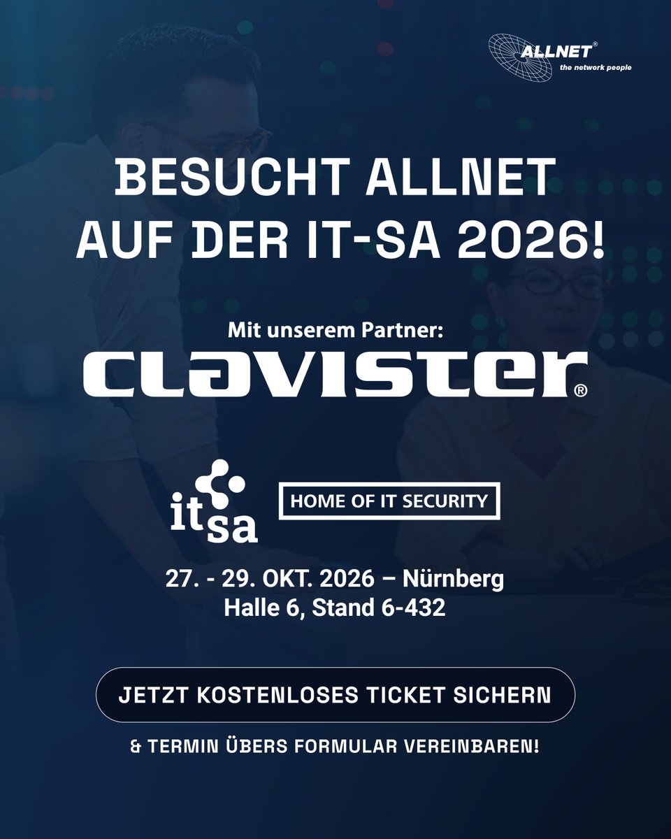 ALLNETGmbH's tweet photo. Wir sind auf der it-sa 2026 – gemeinsam mit unserem Partner @ClavisterGER!

🎟️ Sichert Euch Euer kostenloses Ticket &amp; vereinbart ein persönliches Gespräch:
➡️ https://t.co/S71Mwc44r2

Wir freuen uns auf Euch! 👋
📍 Halle 6, Stand 6-432
 
#itsa2026 #Clavister #CyberSecurity https://t.co/QSbMZnrwTT
