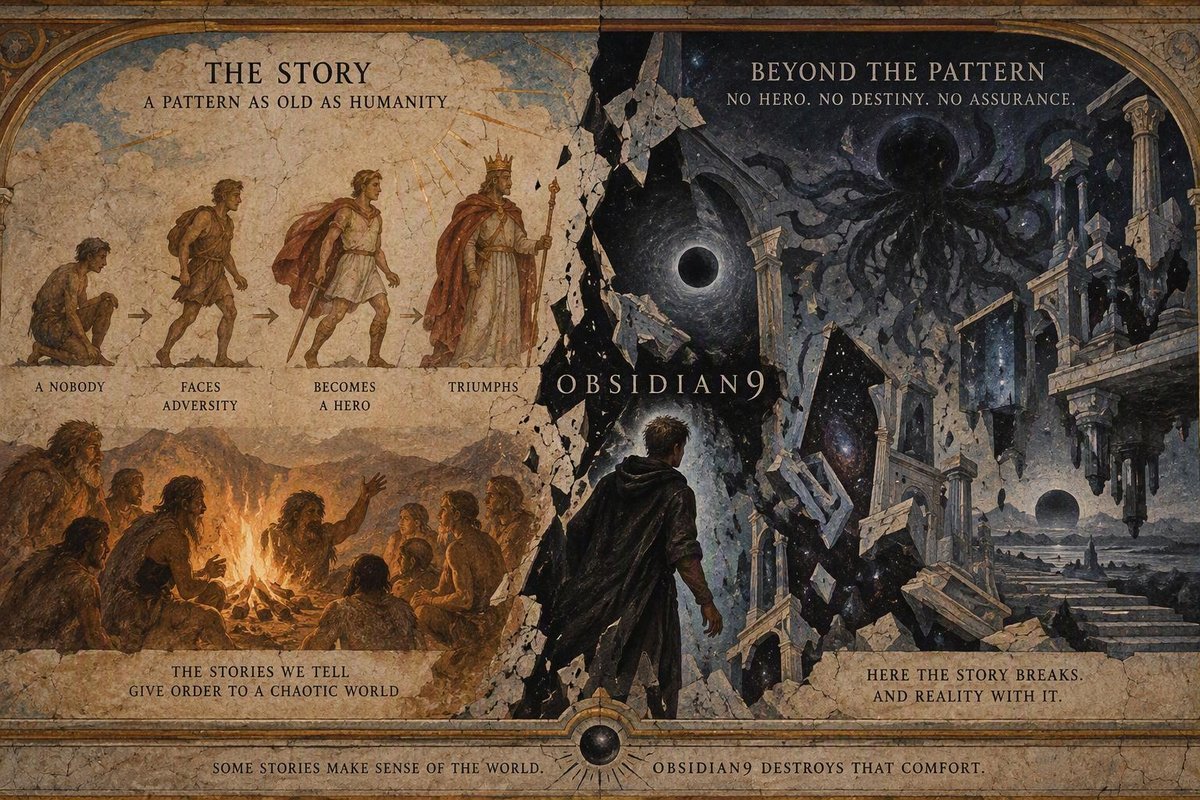 DavidBystricky's tweet photo. Transmission // inside the story world

Most stories are ancient: a nobody becomes a hero.

Obsidian9 begins where that story breaks.

No chosen one. No destiny. No redemption arc. 1/2 https://t.co/25FIEtQcUi