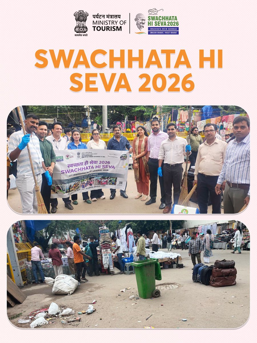 tourismgoi's tweet photo. A Swachhata Drive was organised by Indiatourism Delhi, Ministry of Tourism, Government of India, under the Swachhata Hi Seva initiative in around Janpath Market, New Delhi, on 28 September 2026.

#SHS2026 #SwachhataHiSeva2026 #SWMRules2026  #IncredibleIndia #Cleanliness 
1/3 https://t.co/GZduAhpFE1