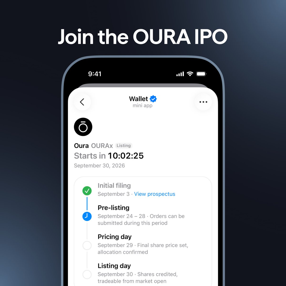 walt_io's tweet photo. Oura IPO in Wallet: last chance

Only a few hours left before applications close in Wallet.

Oura is expected to debut on Nasdaq on September 30. According to Bloomberg, demand for the stock is already about 4 times higher than supply.

How are past IPO tokenized stocks from Wallet trading?
All of them are currently at least 10% above the price participants received them at. See how they've moved since the first days of trading on the charts in Wallet.

How to join: submit your application and deposit funds. After the IPO, you'll receive tokenized Oura stocks. The exact number will be determined once the offering is complete, and any remaining funds will return to your balance.

Applications close today, September 28, at 22:00 UTC 👇

https://t.co/SWYoMT1QiC