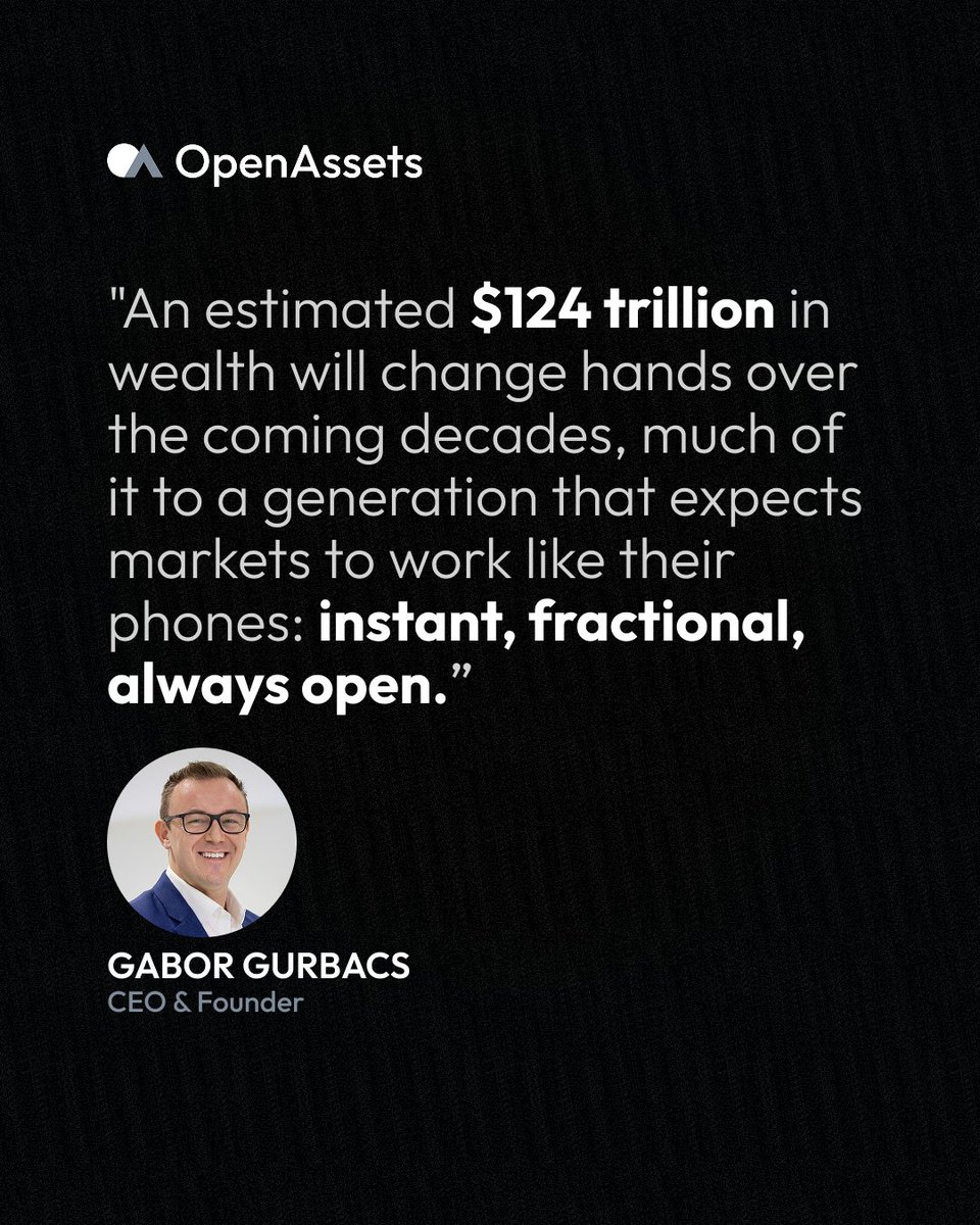 OpenAssetsInc's tweet photo. Investors already live in an instant, fractional, always-on digital world.

Markets were not built that way.

Closing that gap requires more than a better interface. It requires infrastructure built for real-time settlement, interoperable ownership, and continuous compliance. https://t.co/ha9ZnMe4U9