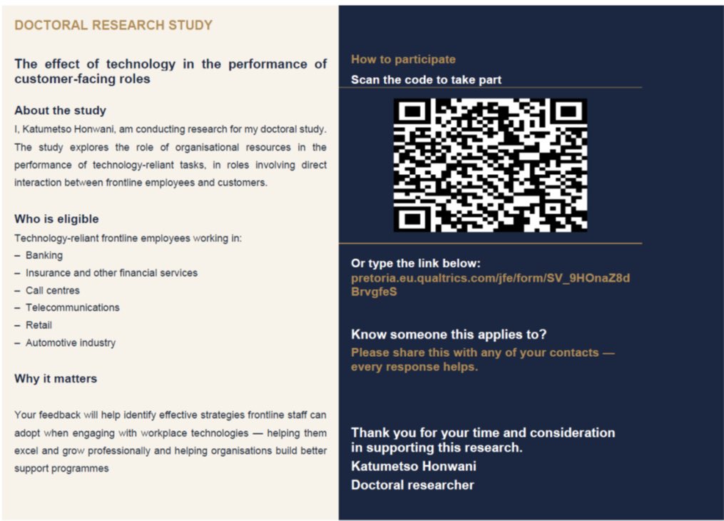 katumetso1's tweet photo. Dear All

If you work for or know anyone working for the following industries: banking, insurance and other financial services, call centres, telecommunications, retail and automotive industry; 

Kindly participate in my survey using the following link:
https://t.co/Nnavh2UOuy https://t.co/8w3MZiNWXa