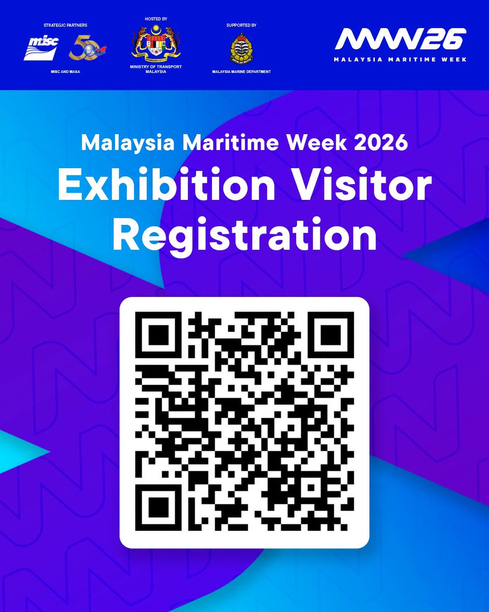 MOTMalaysia's tweet photo. Visitor registration for the MMW26 Exhibition is now open.

📷 Venue: Ballroom 1, Level 3, Kuala Lumpur Convention Centre
📷 Date: 29 Sept – 1 Oct 2026
📷 Time: 9:00 AM – 5:00 PM

Scan the QR code or visit https://t.co/m4XvtPSxMt

#MalaysiaMaritimeWeek2026 #MMW26 #MOTMalaysia https://t.co/bzneFP28sa