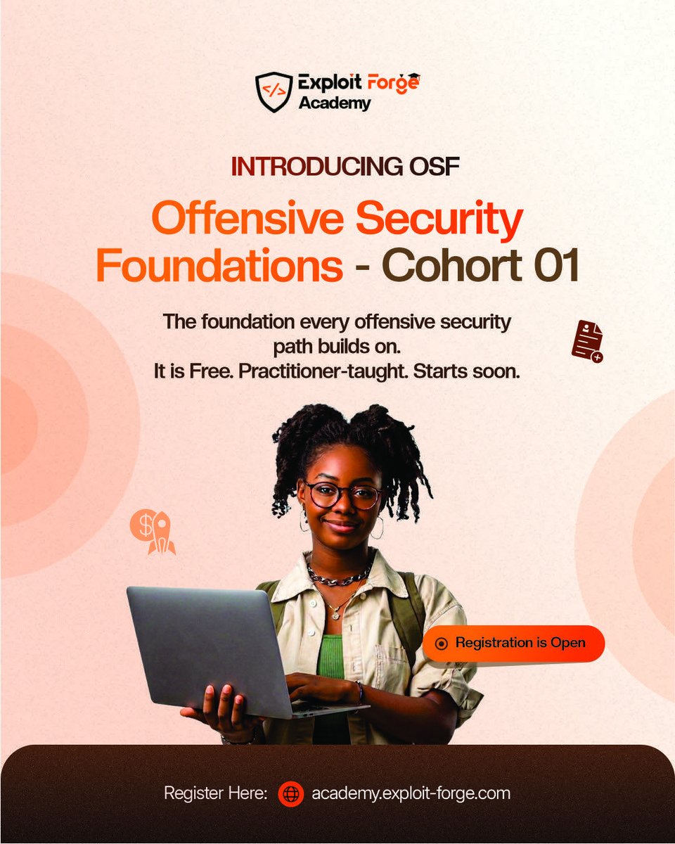 ExFacademy's tweet photo. 🔥Applications are now open for OSF: Offensive Security Foundations, Cohort 01…
OSF is where the ExploitForge Academy path begins: building the mindset and methodology you need before the tools, techniques and labs.
Cohort 01 is FREE
Apply now: https://t.co/IC2zmXPBDo

#cybersec https://t.co/Am91AXgZnb
