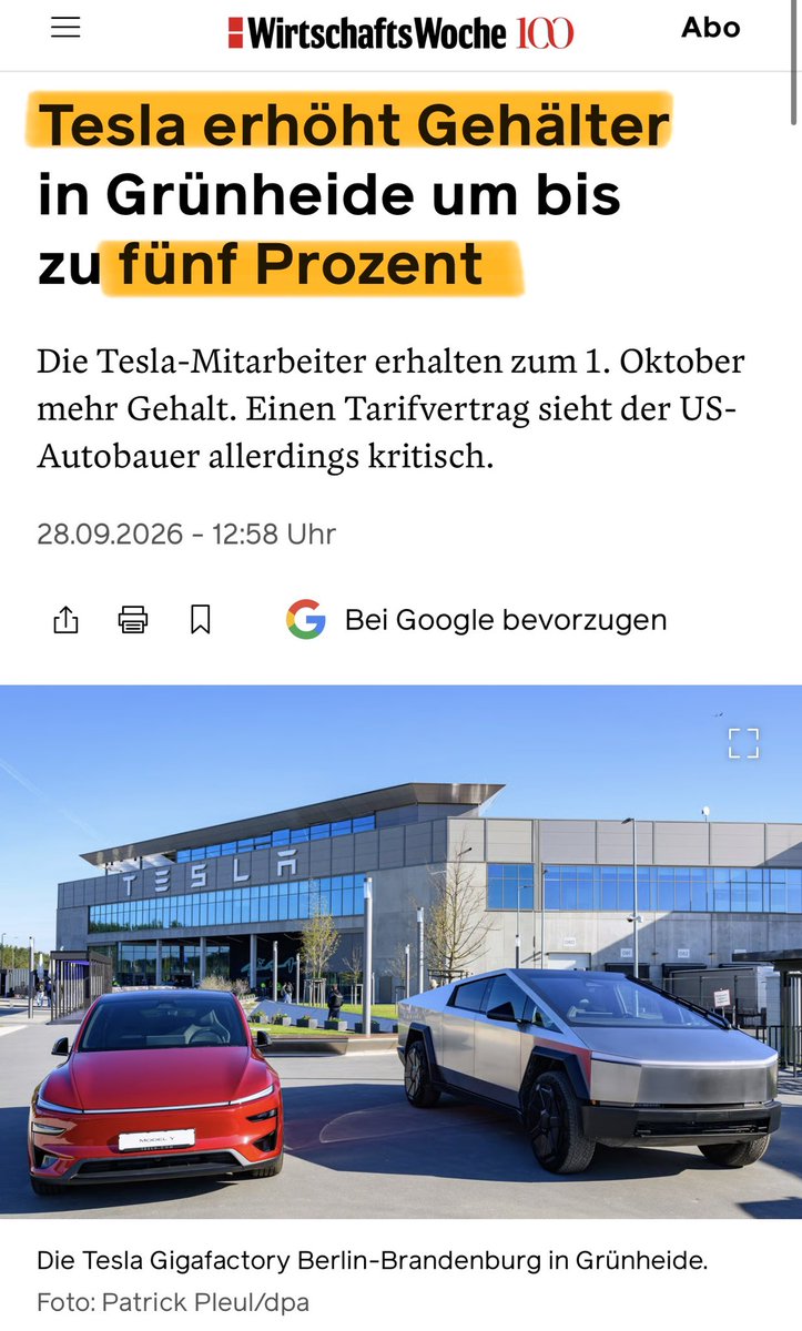 EFIEBER_ANDRE's tweet photo. 🚨Tesla erhöht die Gehälter in der Giga Berlin – ohne Gewerkschaft, ohne Tarifvertrag und ohne großes Tamtam. 🇩🇪

Ab dem 1. Oktober gibt es erneut mehr Geld:

✅ Produktion: +5 %
✅ Facharbeiter: +4 % + leistungsbezogener Bonus
✅ Einstiegsgehalt Produktion: rund 45.750 € pro Jahr

Und das ist kein Einzelfall: Laut Tesla wurden die Entgelte seit Produktionsstart 2022 jedes Jahr erhöht.

Ohne Tarifrunde. Ohne monatelanges Verhandeln. Einfach mehr Geld für die Mitarbeiter.