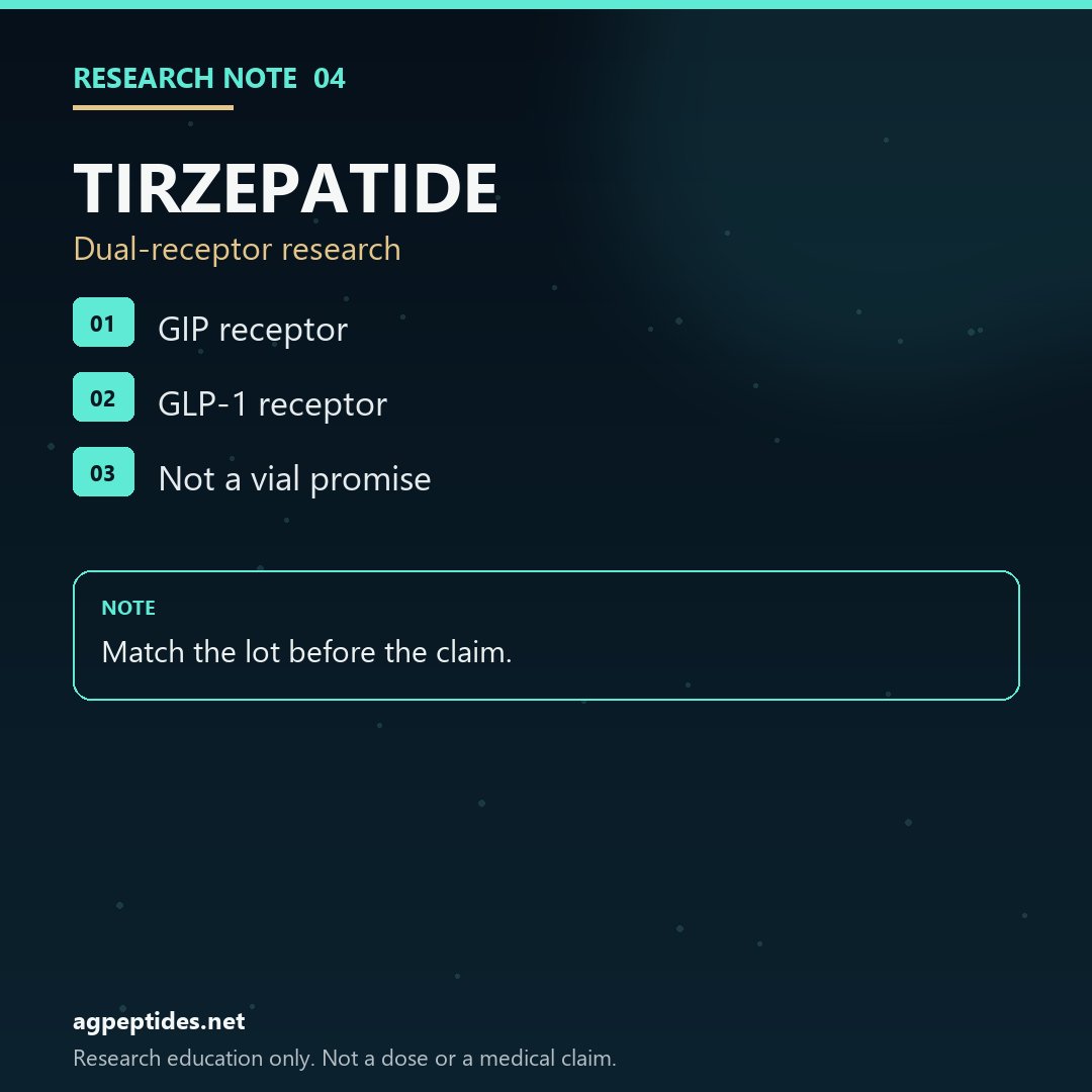 brunam1910's tweet photo. Tirzepatide is studied at GIP and GLP-1 receptors. An approved medicine is not the same thing as one research vial. Check the name and the lot. https://t.co/Nm5irGYhX9 #Tirzepatide #GLP1 #Peptides https://t.co/1BxXa6V60f