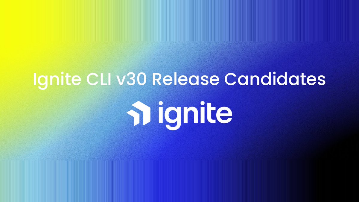 ignite's tweet photo. Ignite CLI v30 is out in release candidates.

You can now build on https://t.co/35NdK4dvRc with Ignite. Start a contract, run it locally, and ship it from one place.

Cosmos chains get an update too. New projects start on Cosmos SDK v0.55. https://t.co/xhRIshcy4M