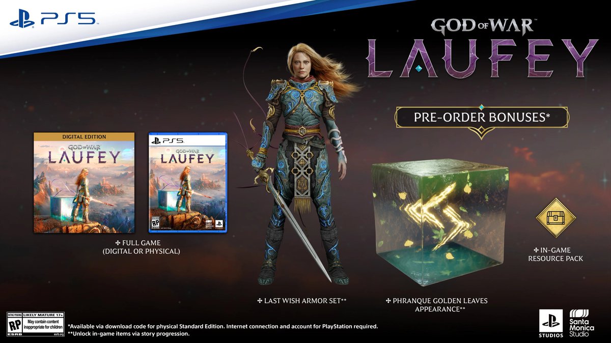 nib95_'s tweet photo. God of War Laufey pre-orders go live tomorrow. Here's what you get with each!

Pre-order bonus:
Last Wish Armor Set
Phranque Golden Leaves
Resource pack

Digital Deluxe:
Dark Alchemy Armor Set
Dark Alchemy Blade
Dark Alchemy Bow Scales
Dark Alchemy Catalyst
Resource Pack
Digital Mini Artbook 
Digital Soundtrack

https://t.co/ZTtz304y2n

#PS5 #PS5Pro