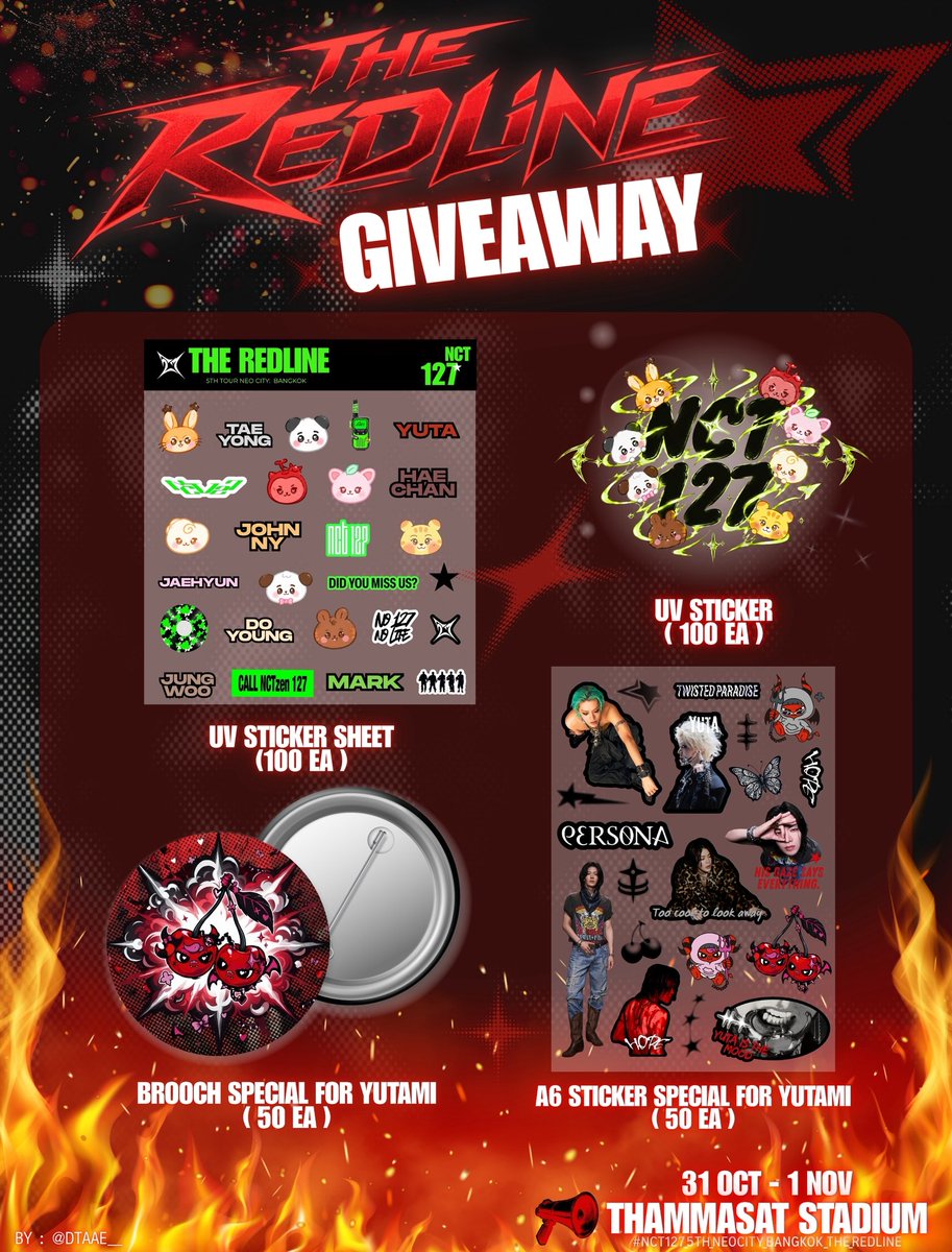DtAaE__'s tweet photo. *.:｡ Pls kindly rt ⋆｡‧♡

🎁 GIVEAWAY THE REDLINE IN BKK 🔥

✧ UV Sticker  — 200 ea
✧ Brooch,A6 Sticker (for YUTAMI) — 100 ea

🗓️ 31 Oct – 1 Nov
📍 Thammasat Stadium
⏰ Time : TBA

#THE_REDLINE_BANGKOK
#NCT127_5TH_NEOCITY_THE_REDLINE
#NCT127_5TH_NEOCITY_BANGKOK_THE_REDLINE https://t.co/1DHLRS9Hky