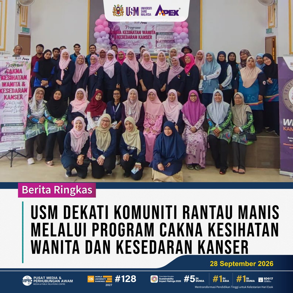 USMKesihatan's tweet photo. USM DEKATI KOMUNITI RANTAU MANIS MELLAUI PROGRAM CAKNA KESIHATAN WANITA DAN KESEDARAN KANSER
Baca selanjutnya menerusi laman sesawang Kampus Kesihatan USM.
https://t.co/uIL68AoVBk
#USM
#CaknaKesihatanWanita
#KesedaranKanser
#SaringanKesihatan
#PengesananAwal
#SDG3 #SDG17 https://t.co/Q7JKLYXOsX