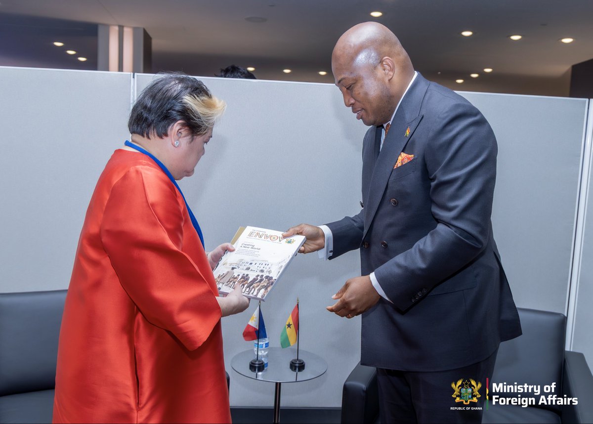 S_OkudzetoAblak's tweet photo. I have held an impactful meeting with the well regarded Secretary of Foreign Affairs of the Philippines, Her Excellency Ma. Theresa P. Lazaro, on the sidelines of the UNGA in New York. 

I conveyed Ghana’s commendation to the Government of the Philippines for deciding to open an Embassy in Ghana later this year for the first time in our cherished bilateral relations. 

Ghana and the Philippines have agreed to deepen trade and investment, convene business fora in both countries and establish a chamber of commerce. 

We also agreed to exchange ideas and expertise on labour mobility agreements. 

I look forward to hosting my distinguished counterpart shortly following my invitation to her to visit Ghana as we advance our cooperation.