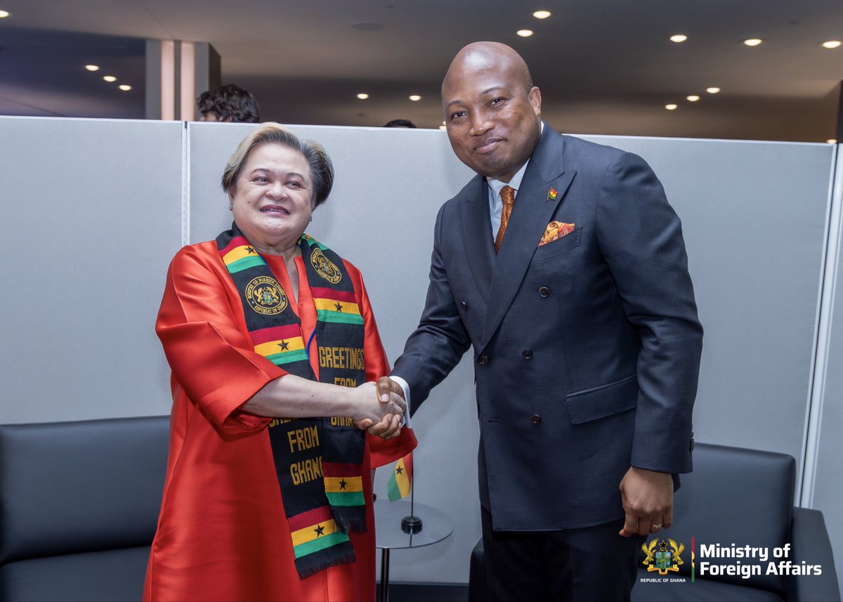 S_OkudzetoAblak's tweet photo. I have held an impactful meeting with the well regarded Secretary of Foreign Affairs of the Philippines, Her Excellency Ma. Theresa P. Lazaro, on the sidelines of the UNGA in New York. 

I conveyed Ghana’s commendation to the Government of the Philippines for deciding to open an Embassy in Ghana later this year for the first time in our cherished bilateral relations. 

Ghana and the Philippines have agreed to deepen trade and investment, convene business fora in both countries and establish a chamber of commerce. 

We also agreed to exchange ideas and expertise on labour mobility agreements. 

I look forward to hosting my distinguished counterpart shortly following my invitation to her to visit Ghana as we advance our cooperation.