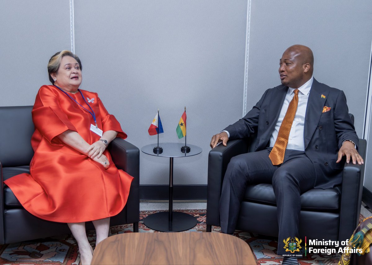 S_OkudzetoAblak's tweet photo. I have held an impactful meeting with the well regarded Secretary of Foreign Affairs of the Philippines, Her Excellency Ma. Theresa P. Lazaro, on the sidelines of the UNGA in New York. 

I conveyed Ghana’s commendation to the Government of the Philippines for deciding to open an Embassy in Ghana later this year for the first time in our cherished bilateral relations. 

Ghana and the Philippines have agreed to deepen trade and investment, convene business fora in both countries and establish a chamber of commerce. 

We also agreed to exchange ideas and expertise on labour mobility agreements. 

I look forward to hosting my distinguished counterpart shortly following my invitation to her to visit Ghana as we advance our cooperation.