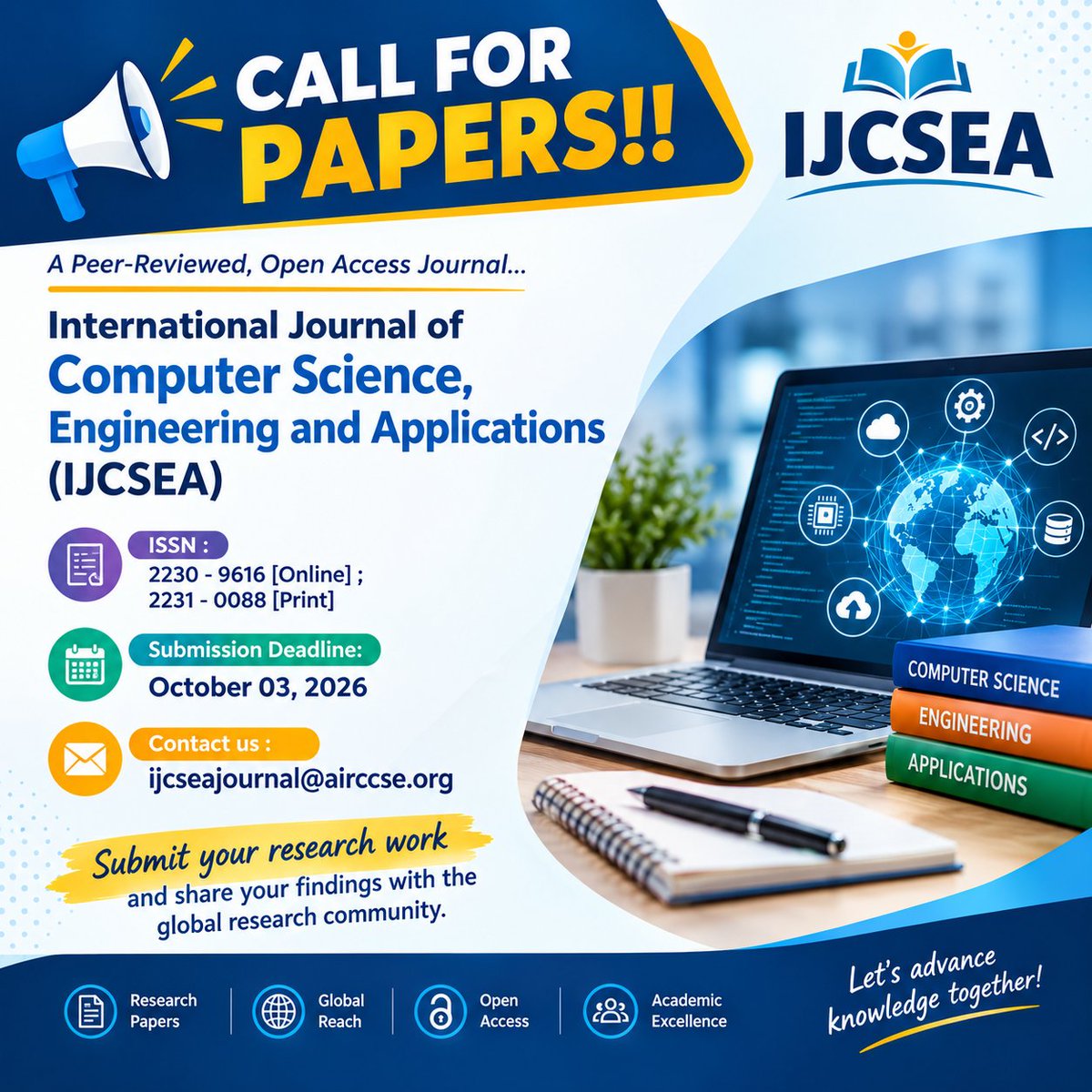 IjcseaJournal's tweet photo. Call for Papers!!

International Journal of Computer Science, Engineering and Applications (IJCSEA)

ISSN : 2230 - 9616 [Online] ; 2231 - 0088 [Print]

Webpage URL: https://t.co/GJRdNEao3N
https://t.co/sjncQpqpCq

Here's where you can reach us : ijcseajournal@airccse.org https://t.co/rA9g4Htt3c
