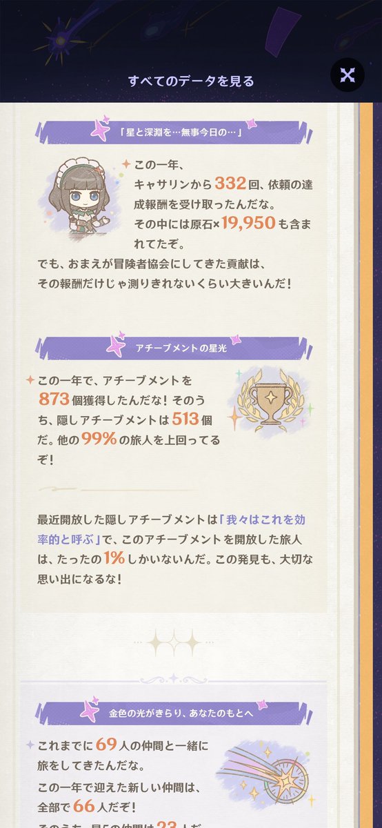 xsaltyx's tweet photo. 原神6周年のプレイデータのやつ見た　はじめて出会ってから543日･･･！？（本格プレイは去年10月から）　2026.1/29のは何の��つだろう（その日はベッドタイムストーリーをクリアしていた） https://t.co/U39eTUHIh4