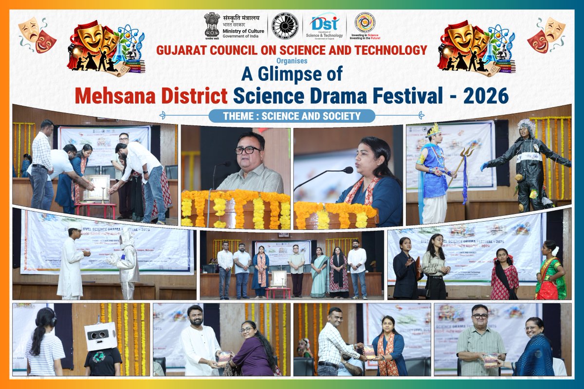 InfoGujcost's tweet photo. 🧪🎭 રાષ્ટ્રીય વિજ્ઞાન નાટક મહોત્સવ (NSDF) ૨૦૨૬–૨૭ | જિલ્લા કક્ષાની સ્પર્ધા

તા. ૨૮ સપ્ટેમ્બર ૨૦૨૬ના રોજ ગુજરાતના ભરૂચ, બોટાદ, ગાંધીનગર અને મહેસાણા જિલ્લાઓમાં રાષ્ટ્રીય વિજ્ઞાન નાટક મહોત્સવ (NSDF) ૨૦૨૬–૨૭ની જિલ્લા કક્ષાની સ્પર્ધાઓનું સફળતાપૂર્વક આયોજન કરવામાં આવ્યું.

ચારેય જિલ્લાઓમાં કુલ ૪૬ ટીમોએ ઉત્સાહપૂર્વક ભાગ લીધો:

🔹 ભરૂચ – ૧૧ ટીમો
🔹 બોટાદ – ૬ ટીમો
🔹 ગાંધીનગર – ૧૪ ટીમો
🔹 મહેસાણા – ૧૫ ટીમો

“વિજ્ઞાન અને સમાજ (Science & Society)” વિષય અંતર્ગત વિદ્યાર્થીઓએ કૃત્રિમ બુદ્ધિમત્તા (AI), ઇલેક્ટ્રિ�� વાહનો (EV), આંતરતારકીય આવાસ (Interstellar Habitats) અને મહાસાગરોની પુનઃસ્થાપના (Restoring Oceans) જેવા સમકાલીન વિષયો પર સર્જનાત્મક અને પ્રેરણાદાયી વિજ્ઞાન નાટકો રજૂ કર્યા.

નાટ્યકળાના માધ્યમથી વિજ્ઞાનને સરળ, રસપ્રદ અને લોકભોગ્ય બનાવી વિદ્યાર્થીઓમાં વૈજ્ઞાનિક અભિગમ, સર્જનાત્મકતા અને સામાજિક જાગૃતિ વિકસાવવાનો આ મહત્વપૂર્ણ પ્રયાસ રહ્યો.

આ આયોજન ગુજરાત સરકારના વિજ્ઞાન અને પ્રૌદ્યોગિકી વિભાગ અંતર્ગત GUJCOST દ્વારા નેશનલ કાઉન્સિલ ઓફ સાયન્સ મ્યુઝિયમ્સ (NCSM), ભારત સરકારના સંયુક્ત ઉપક્રમે કરવામાં આવ્યું.

તમામ સહભાગી વિદ્યાર્થીઓ, શાળાઓ, શિક્ષકો, CSC ટીમો અને આયોજકોને સફળ આયોજન બદલ અભિનંદન. 👏
@CMOGuj 
@arjunmodhwadia @dstGujarat  @InfoGujarat