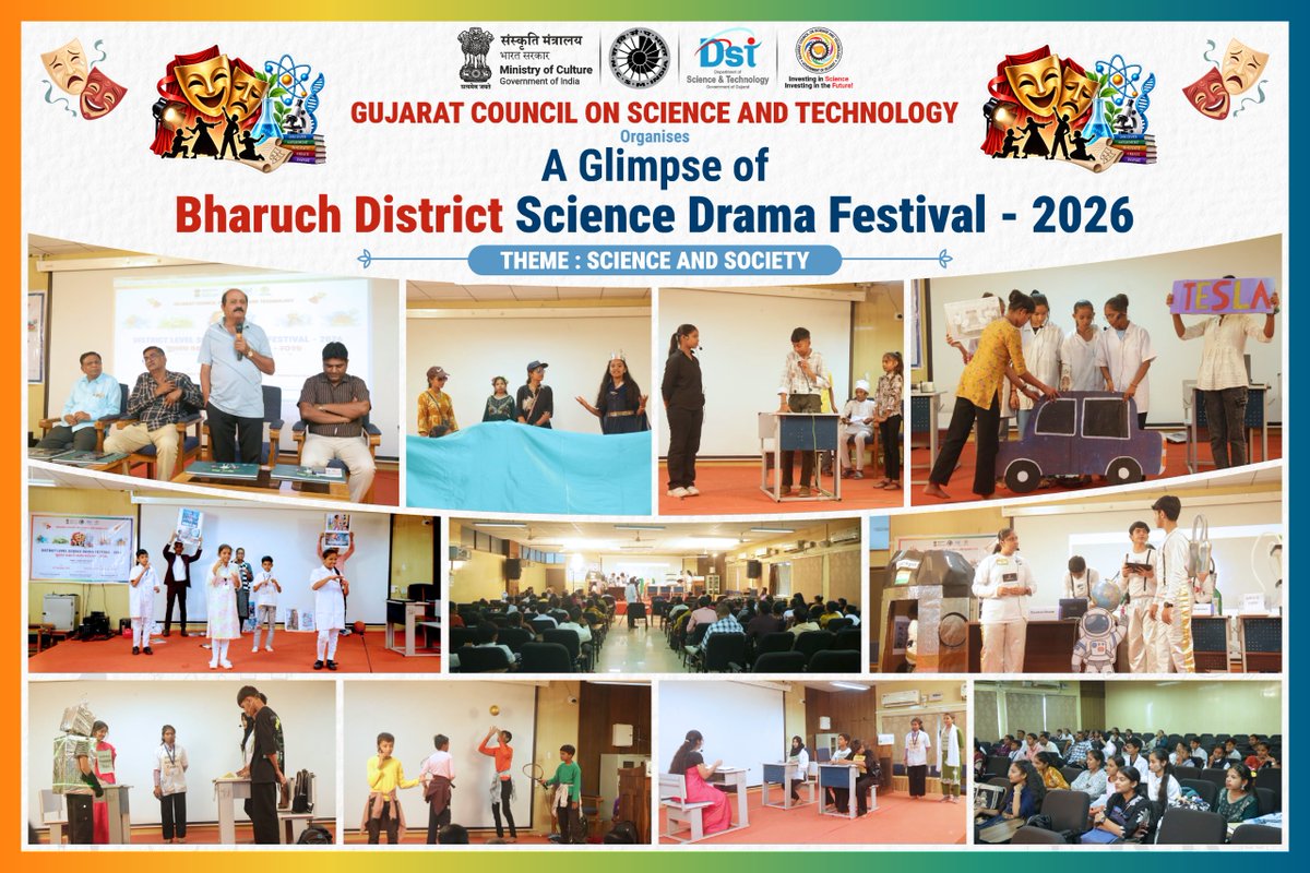 InfoGujcost's tweet photo. 🧪🎭 રાષ્ટ્રીય વિજ્ઞાન નાટક મહોત્સવ (NSDF) ૨૦૨૬–૨૭ | જિલ્લા કક્ષાની સ્પર્ધા

તા. ૨૮ સપ્ટેમ્બર ૨૦૨૬ના રોજ ગુજરાતના ભરૂચ, બોટાદ, ગાંધીનગર અને મહેસાણા જિલ્લાઓમાં રાષ્ટ્રીય વિજ્ઞાન નાટક મહોત્સવ (NSDF) ૨૦૨૬–૨૭ની જિલ્લા કક્ષાની સ્પર્ધાઓનું સફળતાપૂર્વક આયોજન કરવામાં આવ્યું.

ચારેય જિલ્લાઓમાં કુલ ૪૬ ટીમોએ ઉત્સાહપૂર્વક ભાગ લીધો:

🔹 ભરૂચ – ૧૧ ટીમો
🔹 બોટાદ – ૬ ટીમો
🔹 ગાંધીનગર – ૧૪ ટીમો
🔹 મહેસાણા – ૧૫ ટીમો

“વિજ્ઞાન અને સમાજ (Science & Society)” વિષય અંતર્ગત વિદ્યાર્થીઓએ કૃત્રિમ બુદ્ધિમત્તા (AI), ઇલેક્ટ્રિ�� વાહનો (EV), આંતરતારકીય આવાસ (Interstellar Habitats) અને મહાસાગરોની પુનઃસ્થાપના (Restoring Oceans) જેવા સમકાલીન વિષયો પર સર્જનાત્મક અને પ્રેરણાદાયી વિજ્ઞાન નાટકો રજૂ કર્યા.

નાટ્યકળાના માધ્યમથી વિજ્ઞાનને સરળ, રસપ્રદ અને લોકભોગ્ય બનાવી વિદ્યાર્થીઓમાં વૈજ્ઞાનિક અભિગમ, સર્જનાત્મકતા અને સામાજિક જાગૃતિ વિકસાવવાનો આ મહત્વપૂર્ણ પ્રયાસ રહ્યો.

આ આયોજન ગુજરાત સરકારના વિજ્ઞાન અને પ્રૌદ્યોગિકી વિભાગ અંતર્ગત GUJCOST દ્વારા નેશનલ કાઉન્સિલ ઓફ સાયન્સ મ્યુઝિયમ્સ (NCSM), ભારત સરકારના સંયુક્ત ઉપક્રમે કરવામાં આવ્યું.

તમામ સહભાગી વિદ્યાર્થીઓ, શાળાઓ, શિક્ષકો, CSC ટીમો અને આયોજકોને સફળ આયોજન બદલ અભિનંદન. 👏
@CMOGuj 
@arjunmodhwadia @dstGujarat  @InfoGujarat