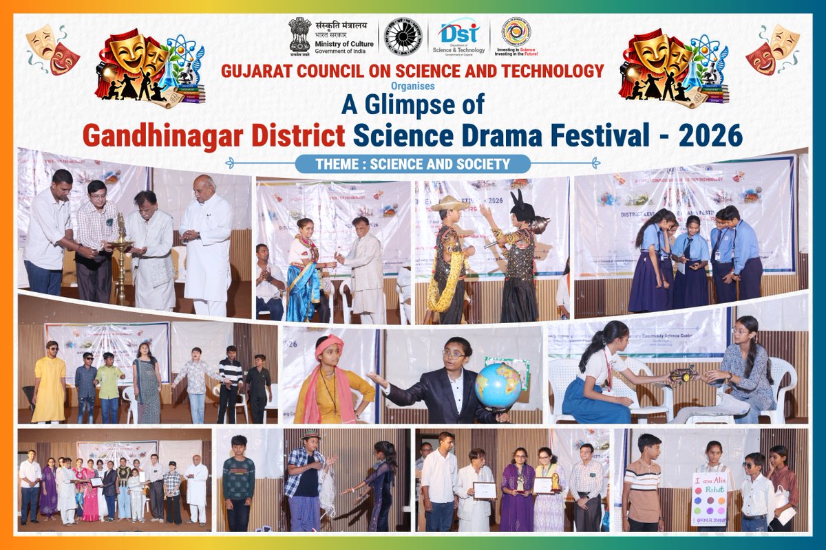 InfoGujcost's tweet photo. 🧪🎭 રાષ્ટ્રીય વિજ્ઞાન નાટક મહોત્સવ (NSDF) ૨૦૨૬–૨૭ | જિલ્લા કક્ષાની સ્પર્ધા

તા. ૨૮ સપ્ટેમ્બર ૨૦૨૬ના રોજ ગુજરાતના ભરૂચ, બોટાદ, ગાંધીનગર અને મહેસાણા જિલ્લાઓમાં રાષ્ટ્રીય વિજ્ઞાન નાટક મહોત્સવ (NSDF) ૨૦૨૬–૨૭ની જિલ્લા કક્ષાની સ્પર્ધાઓનું સફળતાપૂર્વક આયોજન કરવામાં આવ્યું.

ચારેય જિલ્લાઓમાં કુલ ૪૬ ટીમોએ ઉત્સાહપૂર્વક ભાગ લીધો:

🔹 ભરૂચ – ૧૧ ટીમો
🔹 બોટાદ – ૬ ટીમો
🔹 ગાંધીનગર – ૧૪ ટીમો
🔹 મહેસાણા – ૧૫ ટીમો

“વિજ્ઞાન અને સમાજ (Science & Society)” વિષય અંતર્ગત વિદ્યાર્થીઓએ કૃત્રિમ બુદ્ધિમત્તા (AI), ઇલેક્ટ્રિ�� વાહનો (EV), આંતરતારકીય આવાસ (Interstellar Habitats) અને મહાસાગરોની પુનઃસ્થાપના (Restoring Oceans) જેવા સમકાલીન વિષયો પર સર્જનાત્મક અને પ્રેરણાદાયી વિજ્ઞાન નાટકો રજૂ કર્યા.

નાટ્યકળાના માધ્યમથી વિજ્ઞાનને સરળ, રસપ્રદ અને લોકભોગ્ય બનાવી વિદ્યાર્થીઓમાં વૈજ્ઞાનિક અભિગમ, સર્જનાત્મકતા અને સામાજિક જાગૃતિ વિકસાવવાનો આ મહત્વપૂર્ણ પ્રયાસ રહ્યો.

આ આયોજન ગુજરાત સરકારના વિજ્ઞાન અને પ્રૌદ્યોગિકી વિભાગ અંતર્ગત GUJCOST દ્વારા નેશનલ કાઉન્સિલ ઓફ સાયન્સ મ્યુઝિયમ્સ (NCSM), ભારત સરકારના સંયુક્ત ઉપક્રમે કરવામાં આવ્યું.

તમામ સહભાગી વિદ્યાર્થીઓ, શાળાઓ, શિક્ષકો, CSC ટીમો અને આયોજકોને સફળ આયોજન બદલ અભિનંદન. 👏
@CMOGuj 
@arjunmodhwadia @dstGujarat  @InfoGujarat
