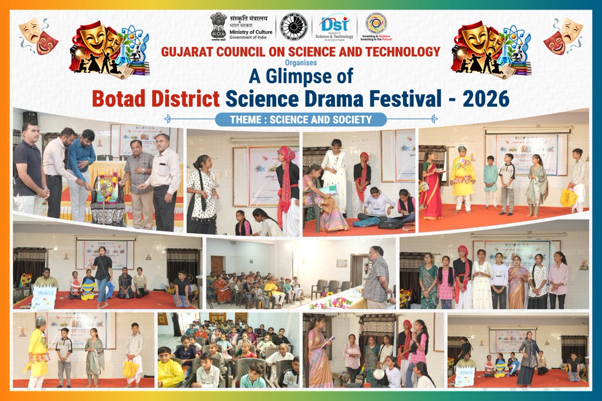 InfoGujcost's tweet photo. 🧪🎭 રાષ્ટ્રીય વિજ્ઞાન નાટક મહોત્સવ (NSDF) ૨૦૨૬–૨૭ | જિલ્લા કક્ષાની સ્પર્ધા

તા. ૨૮ સપ્ટેમ્બર ૨૦૨૬ના રોજ ગુજરાતના ભરૂચ, બોટાદ, ગાંધીનગર અને મહેસાણા જિલ્લાઓમાં રાષ્ટ્રીય વિજ્ઞાન નાટક મહોત્સવ (NSDF) ૨૦૨૬–૨૭ની જિલ્લા કક્ષાની સ્પર્ધાઓનું સફળતાપૂર્વક આયોજન કરવામાં આવ્યું.

ચારેય જિલ્લાઓમાં કુલ ૪૬ ટીમોએ ઉત્સાહપૂર્વક ભાગ લીધો:

🔹 ભરૂચ – ૧૧ ટીમો
🔹 બોટાદ – ૬ ટીમો
🔹 ગાંધીનગર – ૧૪ ટીમો
🔹 મહેસાણા – ૧૫ ટીમો

“વિજ્ઞાન અને સમાજ (Science & Society)” વિષય અંતર્ગત વિદ્યાર્થીઓએ કૃત્રિમ બુદ્ધિમત્તા (AI), ઇલેક્ટ્રિ�� વાહનો (EV), આંતરતારકીય આવાસ (Interstellar Habitats) અને મહાસાગરોની પુનઃસ્થાપના (Restoring Oceans) જેવા સમકાલીન વિષયો પર સર્જનાત્મક અને પ્રેરણાદાયી વિજ્ઞાન નાટકો રજૂ કર્યા.

નાટ્યકળાના માધ્યમથી વિજ્ઞાનને સરળ, રસપ્રદ અને લોકભોગ્ય બનાવી વિદ્યાર્થીઓમાં વૈજ્ઞાનિક અભિગમ, સર્જનાત્મકતા અને સામાજિક જાગૃતિ વિકસાવવાનો આ મહત્વપૂર્ણ પ્રયાસ રહ્યો.

આ આયોજન ગુજરાત સરકારના વિજ્ઞાન અને પ્રૌદ્યોગિકી વિભાગ અંતર્ગત GUJCOST દ્વારા નેશનલ કાઉન્સિલ ઓફ સાયન્સ મ્યુઝિયમ્સ (NCSM), ભારત સરકારના સંયુક્ત ઉપક્રમે કરવામાં આવ્યું.

તમામ સહભાગી વિદ્યાર્થીઓ, શાળાઓ, શિક્ષકો, CSC ટીમો અને આયોજકોને સફળ આયોજન બદલ અભિનંદન. 👏
@CMOGuj 
@arjunmodhwadia @dstGujarat  @InfoGujarat