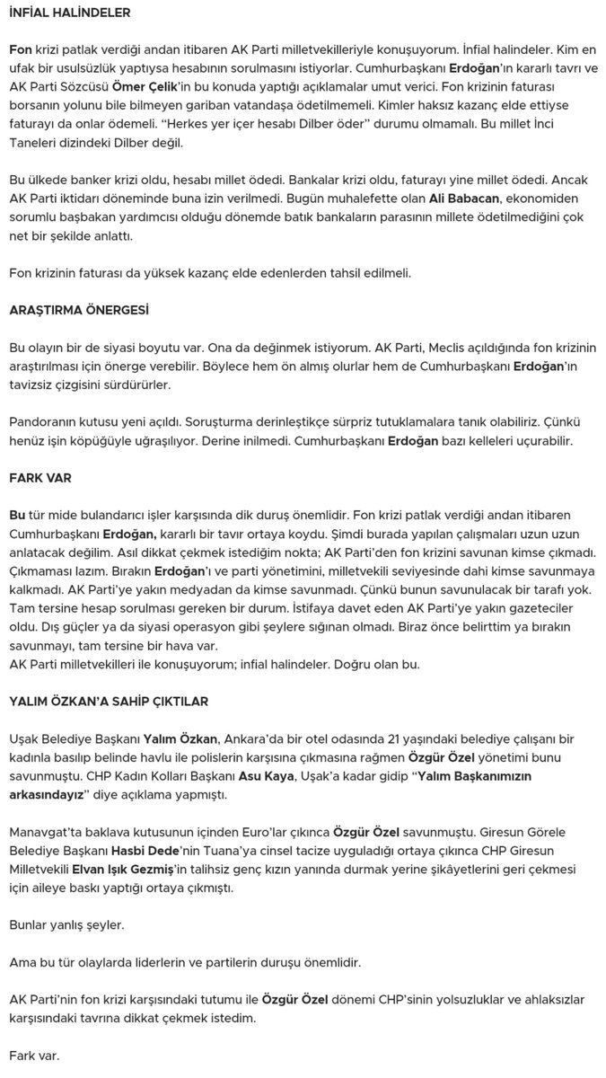 Piyasa4K's tweet photo. 🔴 Fon krizinde keller uçacak.

📍Abdulkadir Selvi:

▪️AK Parti, Meclis açıldığında fon krizinin araştırılması için önerge verebilir. Böylece hem ön almış olurlar hem de Cumhurbaşkanı Erdoğan’ın tavizsiz çizgisini sürdürürler.

▪️Pandoranın kutusu yeni açıldı. 

▪️Soruşturma derinleştikçe sürpriz tutuklamalara tanık olabiliriz. 

▪️Çünkü henüz işin köpüğüyle uğraşılıyor. Derine inilmedi.

▪️Cumhurbaşkanı Erdoğan bazı kelleleri uçurabilir.