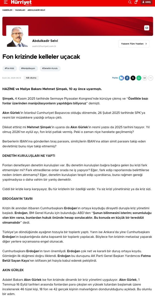 Piyasa4K's tweet photo. 🔴 Fon krizinde keller uçacak.

📍Abdulkadir Selvi:

▪️AK Parti, Meclis açıldığında fon krizinin araştırılması için önerge verebilir. Böylece hem ön almış olurlar hem de Cumhurbaşkanı Erdoğan’ın tavizsiz çizgisini sürdürürler.

▪️Pandoranın kutusu yeni açıldı. 

▪️Soruşturma derinleştikçe sürpriz tutuklamalara tanık olabiliriz. 

▪️Çünkü henüz işin köpüğüyle uğraşılıyor. Derine inilmedi.

▪️Cumhurbaşkanı Erdoğan bazı kelleleri uçurabilir.