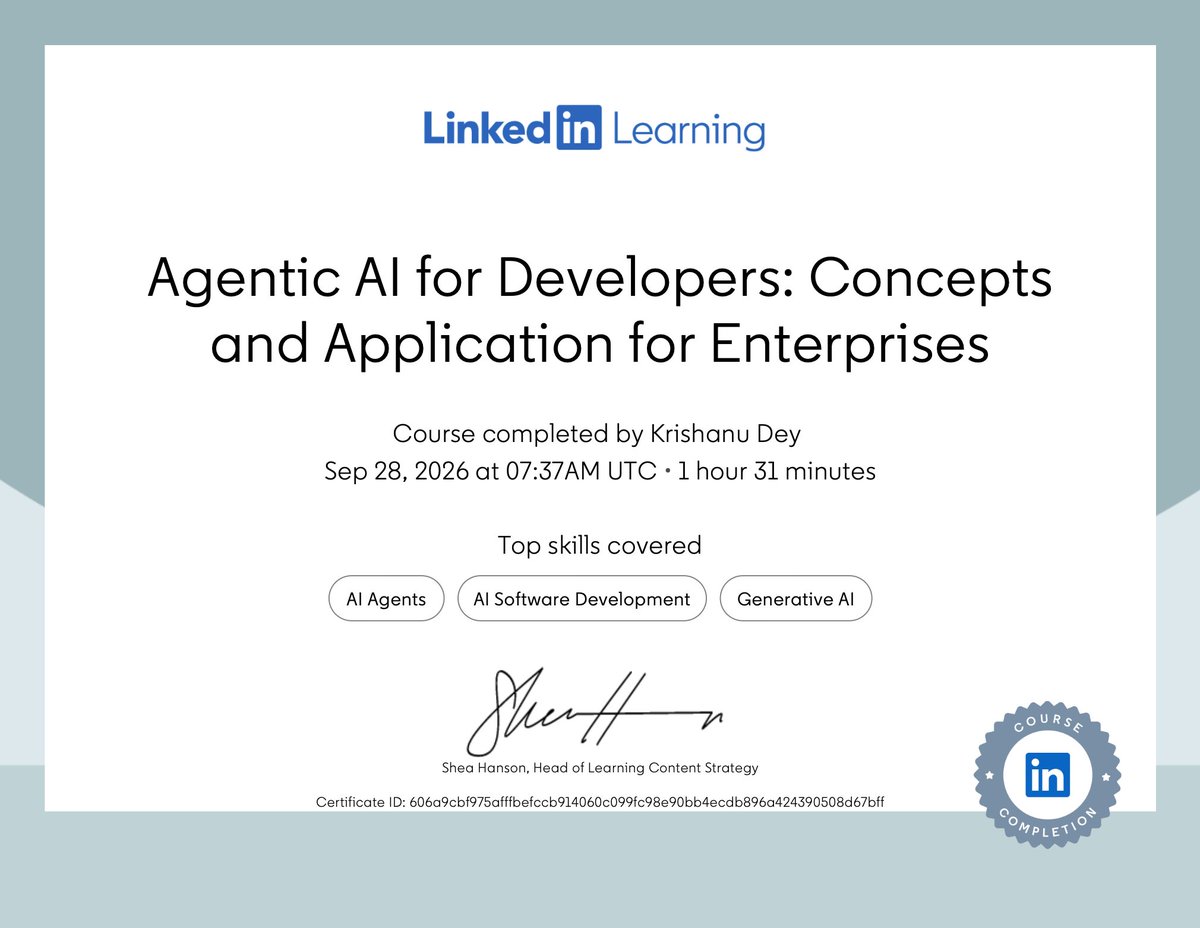 krishanucodes's tweet photo. Completed the Agentic AI for Developers course on LinkedIn Learning.

Learned about LLMs, embeddings, agentic workflows, patterns, LlamaIndex, and AI challenges like hallucinations.

Looking forward to implement these and sharing my learnings.

lets connect...

#AgenticAI #GenAI https://t.co/jeIn5nCNiq