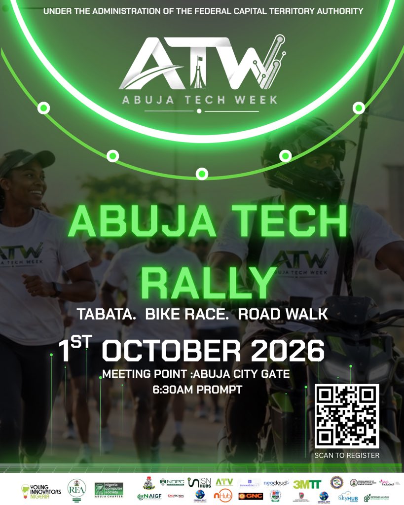 yinigeria's tweet photo. ABUJA TECH WEEK 2026 ROAD WALK

We are pleased to officially invite you to the Abuja Tech Week 2026 Road Walk, taking place on 1 October 2026 as part of our preparations for Abuja Tech Week 2026.

Join us as we come together to build awareness, connect with the community, and set the pace for one of Nigeria’s biggest technology gatherings.

Registration is FREE but compulsory

https://t.co/P2NyIscnul

DATE: 1 October 2026

MEETING POINT: Abuja City Gate

TIME: 6:30 AM Prompt

ENTRY: FREE

Come walk with us as we build momentum towards:

ABUJA TECH WEEK 2026

Energizing Smart Mobility: Powering Cities of the Future

T-SHIRTS: ₦6,000

Want an Abuja Tech Week Road Walk T-shirt?

Contact: 09025075201

Organised by:

Young Innovators of Nigeria (YIN)

in collaboration with the @yinigeria,  @TheREANigeria and the @NigeriaComputer, Abuja Chapter.

Let’s walk. Let’s connect. Let’s build the future of our cities together.

Abuja Tech Week 2026

Connecting Technology, Investment, Government & Innovation

https://t.co/uk7q9qlfrk