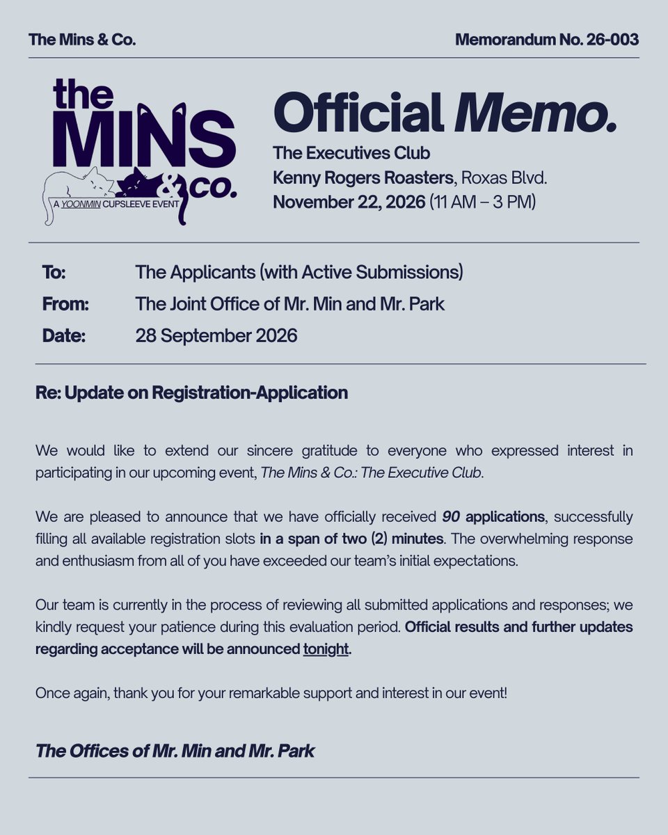 corpomins's tweet photo. 🚨 TM&amp;C HIRING IS NOW CLOSED AFTER 2 MINUTES! 

We will now be checking your quiz answers to verify if you have successfully claimed your slot.

Please stay tuned for the announcement of successful applicants TONIGHT! ⏰

#YMCSE2026 #TheMinsAndCo https://t.co/Q6ivAuQmJH