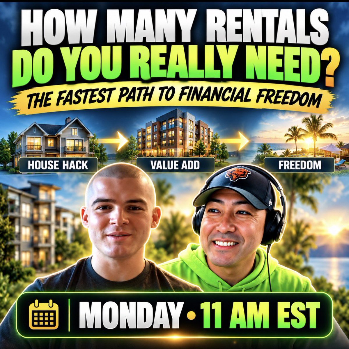 F_I_R_E_Fighter's tweet photo. Do you really need 100 rentals to become financially free? 🔥

Monday at 11 AM EST, Cody and I are breaking down exactly what he would do if he had to START OVER—control housing costs, house hack, create value, refinance, build cash flow and potentially reach freedom with a surprisingly small portfolio.

The goal isn’t more doors. The goal is OPTIONS.

#FinancialFreedom #RealEstateInvesting #HouseHacking #CashFlow #RentalProperties