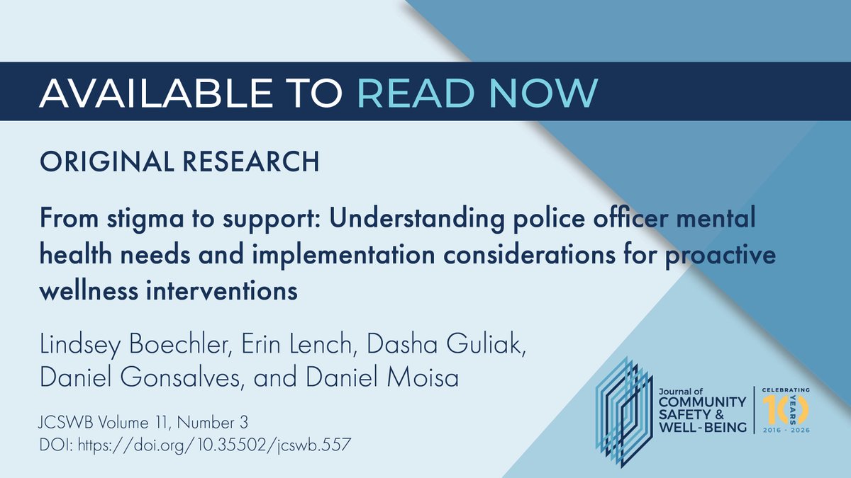 JournalCSWB's tweet photo. Supporting police officer mental health requires addressing both operational and organizational stressors. This mixed-methods study shows that a multi-prong approaching including reducing stigma is key to healthier policing organizations: https://t.co/NtsAElYCTI https://t.co/2KnWTOvZ1t