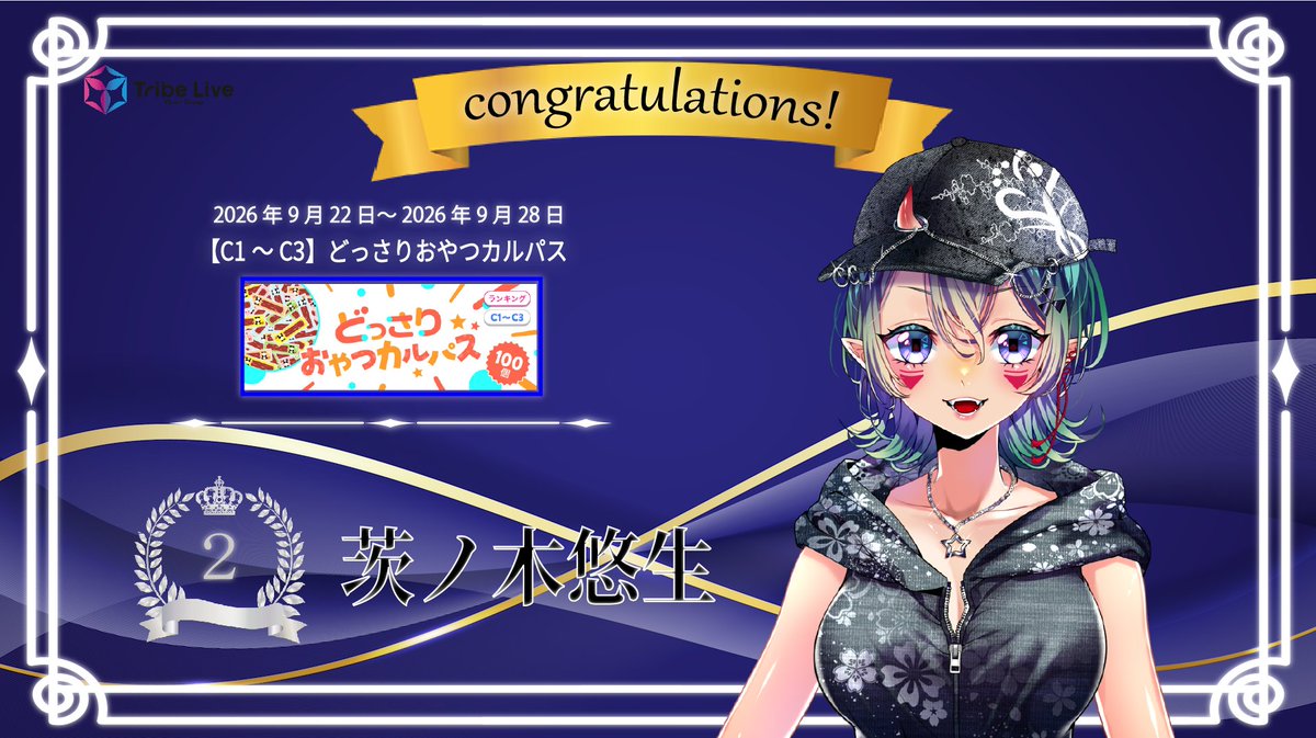 tribelive_v's tweet photo. 【お知らせ】

9/22～9/28開催の【C1～C3】どっさりおやつカルパスにて、茨ノ木悠生さん（@Ibanoki_trr）が2位に入賞致しました.ᐟ

おめでとうございます.ᐟ.ᐟ

応援して下さったリスナーの皆様、ありがとうございました https://t.co/ins5lLWBZl