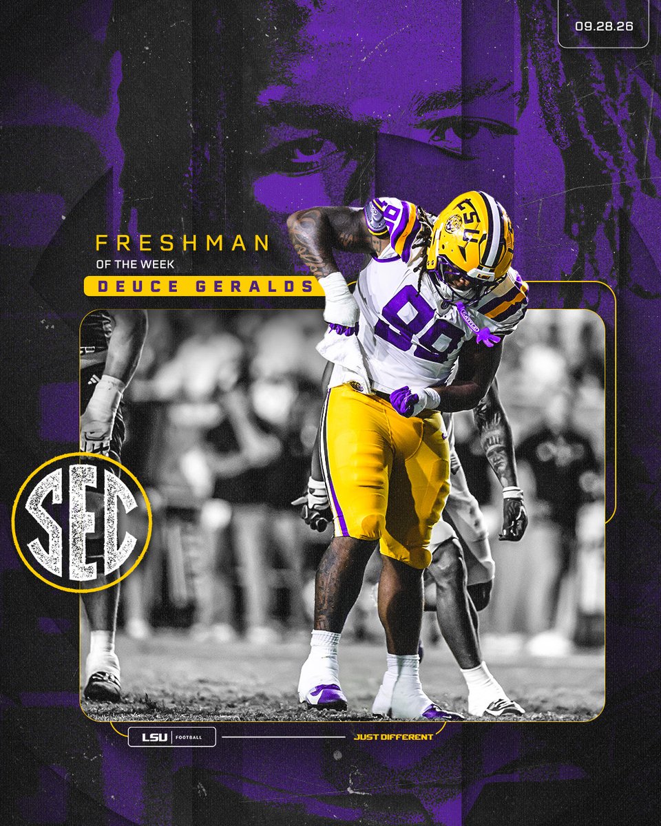 LSUfootball's tweet photo. Defensive tackle @DeuceGeralds is the @SEC  Freshman of the Week https://t.co/xNIOpjaL0H