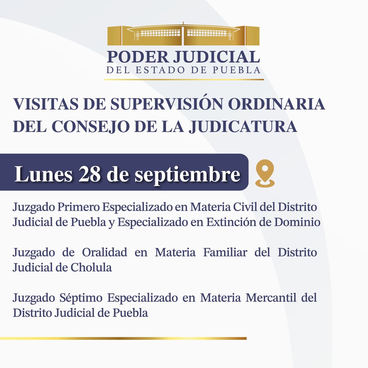 PodJudPue's tweet photo. 📖#AgendaJudicial | Consulta el calendario de Visitas de Supervisión Ordinaria del Consejo de la Judicatura, programadas del 28 de septiembre al 2 de octubre en distintos órganos jurisdiccionales.

#PoderJudicialPuebla #JusticiaConVisiónDeFuturo https://t.co/MBKRbf5DR4