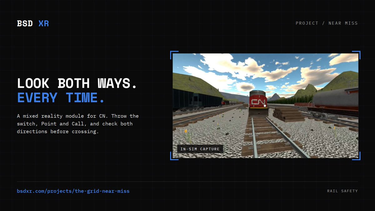 BitSpaceDevelop's tweet photo. Skip the check, meet the train. Our Near Miss module for CN uses mixed reality on the Pico 4 Ultra Enterprise to build Point and Call into muscle memory. https://t.co/MVfGmu8zUG #RailSafety #XR https://t.co/7olyDuu7dr