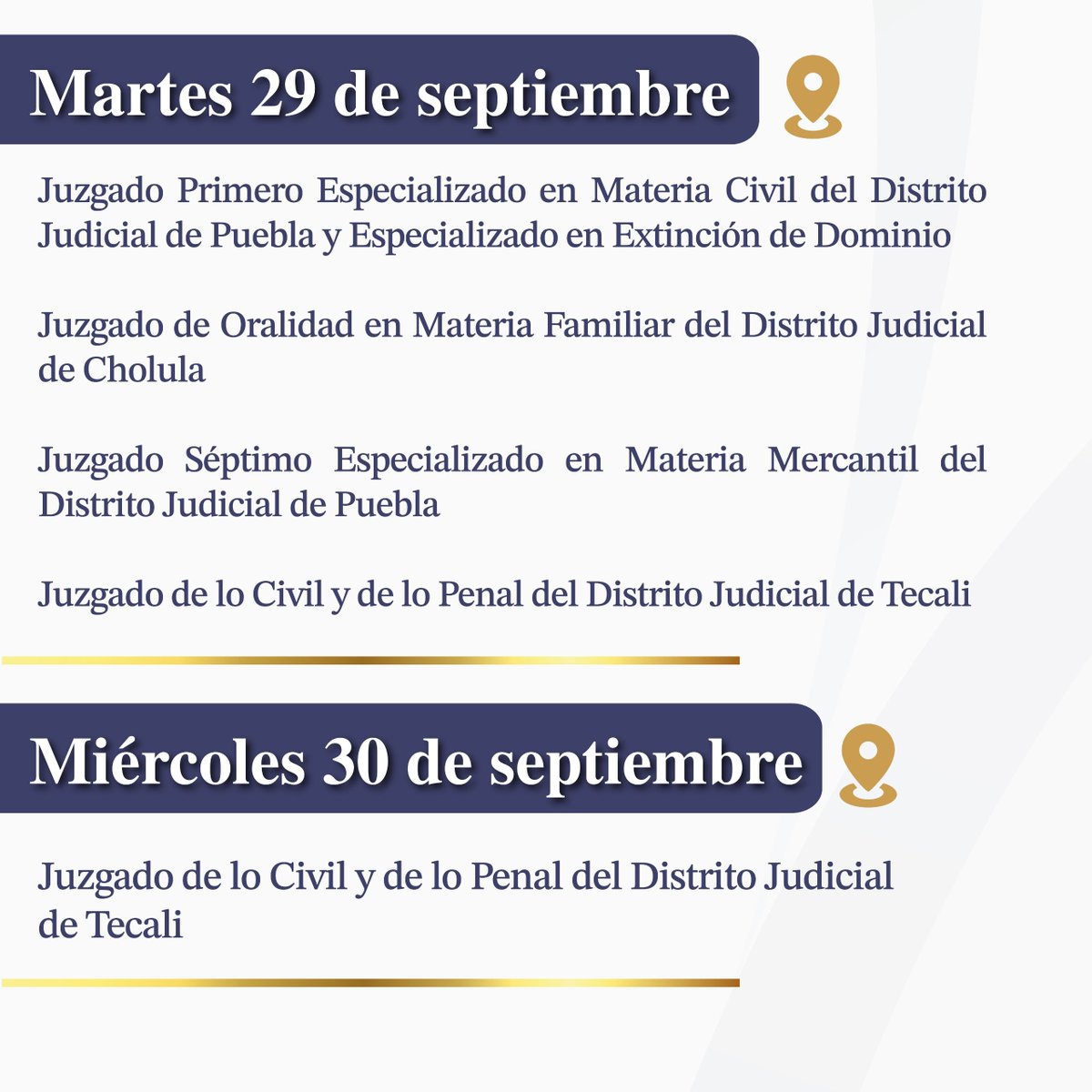 PodJudPue's tweet photo. 📖#AgendaJudicial | Consulta el calendario de Visitas de Supervisión Ordinaria del Consejo de la Judicatura, programadas del 28 de septiembre al 2 de octubre en distintos órganos jurisdiccionales.

#PoderJudicialPuebla #JusticiaConVisiónDeFuturo https://t.co/MBKRbf5DR4
