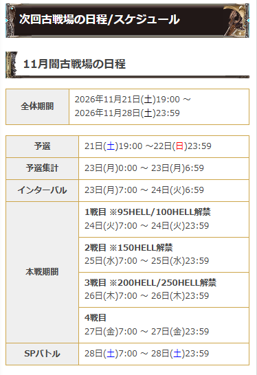Granblue_GW's tweet photo. 【11月闇古戦場の開催日程】
次回古戦場は11/21(土)~28(土)に闇有利で開催決定！

本戦期間は火水木金と全て平日の日程に！

闇古戦場の詳細はこちら↓
https://t.co/dyAmIjnLr6
#グラブル https://t.co/Ce89qAzJoX
