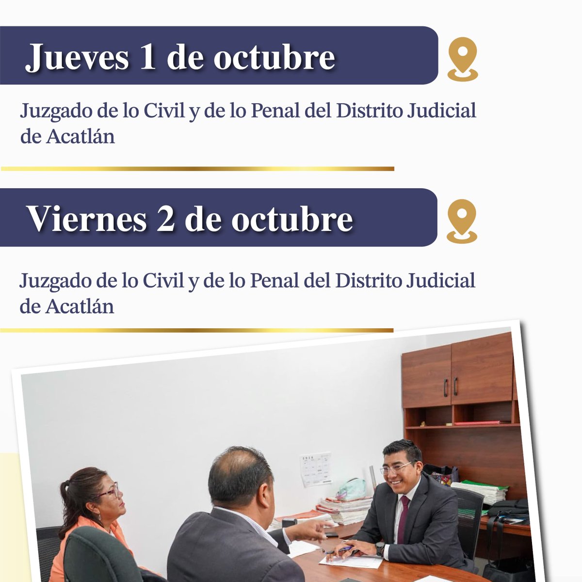 PodJudPue's tweet photo. 📖#AgendaJudicial | Consulta el calendario de Visitas de Supervisión Ordinaria del Consejo de la Judicatura, programadas del 28 de septiembre al 2 de octubre en distintos órganos jurisdiccionales.

#PoderJudicialPuebla #JusticiaConVisiónDeFuturo https://t.co/MBKRbf5DR4