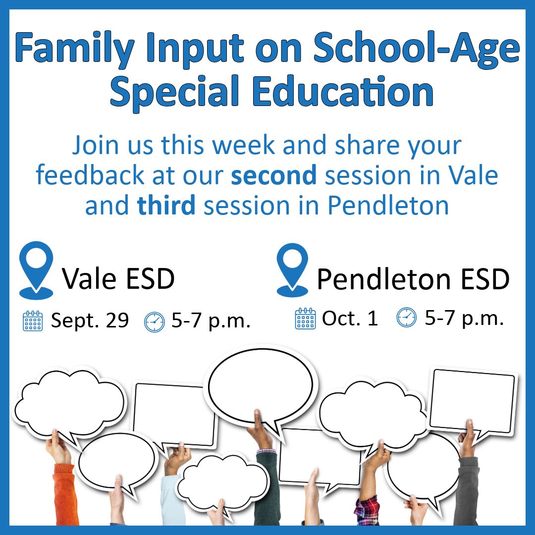 ORDeptEd's tweet photo. Want to learn how Oregon sets goals and measures progress for students with disabilities? Join ODE staff to review the outcome data &amp; share your thoughts. 

Various OR locations, next in-person session Sept. 29 in Vale:
https://t.co/oQr8e3TL3h https://t.co/1Buxpy59yN