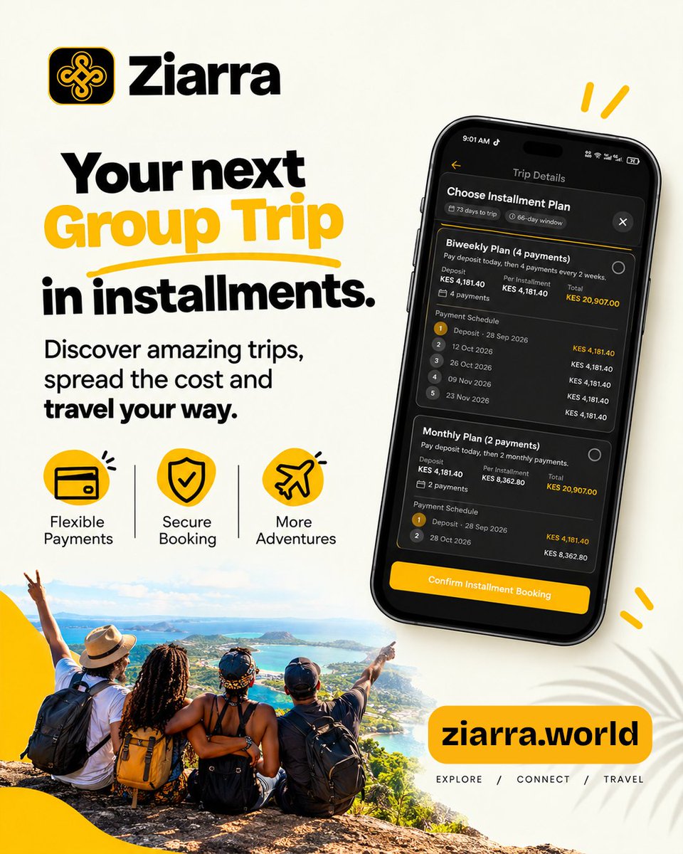 ziarraworld's tweet photo. Your dream vacation doesn’t have to wait for payday. 🌴✨

Plan the getaway you’ve been talking about, book your trip and pay in manageable installments. Whether it’s a beach escape, an adventure with friends, or a new destination on your bucket list—

Ziarra makes it easier to turn “one day” into “we’re going!” 😍

💳 Flexible installment plans
🌍 Discover amazing trips
👯 Travel with your people
📅 Spread the cost and plan ahead

Your next adventure is closer than you think.
👉 Explore. Connect. Travel.

Book your next vacation on https://t.co/z9qgtQXAnG 🌴✈️

#Ziarra  #TravelKenya #ExploreConnectTravel #GroupTravel #TravelMore #VacationGoals #TravelWithFriends #KenyaTravel