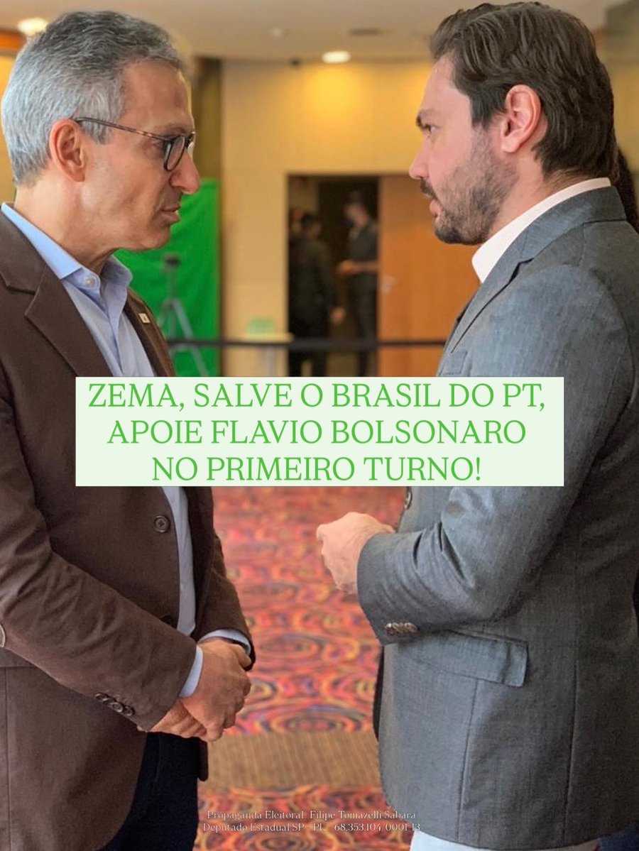 FilipeSabara's tweet photo. Gosto e respeito muito o meu amigo e Governador de MG @RomeuZema ! PRECISAMOS convencê-lo a apoiar @FlavioBolsonaro, AGORA, já no primeiro turnos e extirparmos o PT do poder já nesse domingo! Marque ele aqui nas mensagens pedindo para que ele salve o Brasil! 🇧🇷🙏🏼 https://t.co/VL7EhTnq5C