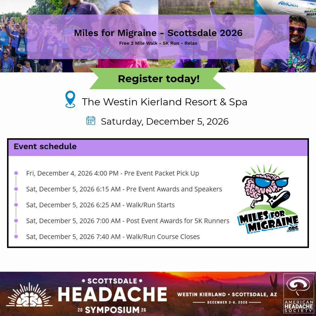 ahsheadache's tweet photo. Join us for the @miles4migraine  Run/Walk/Relax on Sat, Dec 5 in conjunction with #AHSAZ! All are welcome to join and raise awareness for #migraine &amp; #headache disorders. Learn more and register today: https://t.co/5VJJE9bsHS 

Register for #AHSAZ here: https://t.co/zkdFzWQddQ https://t.co/rrhrikdqtp